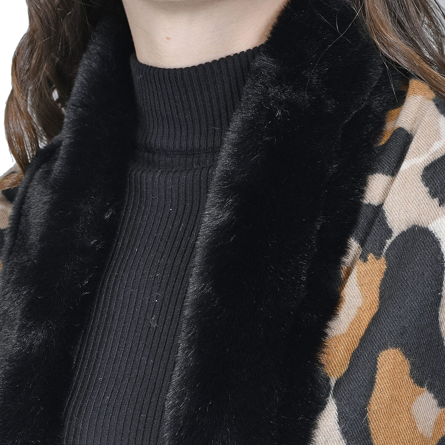 Leopard Print Scarf with Faux Fur Trim (Size 175x65 cm) - Dark Brown & Black