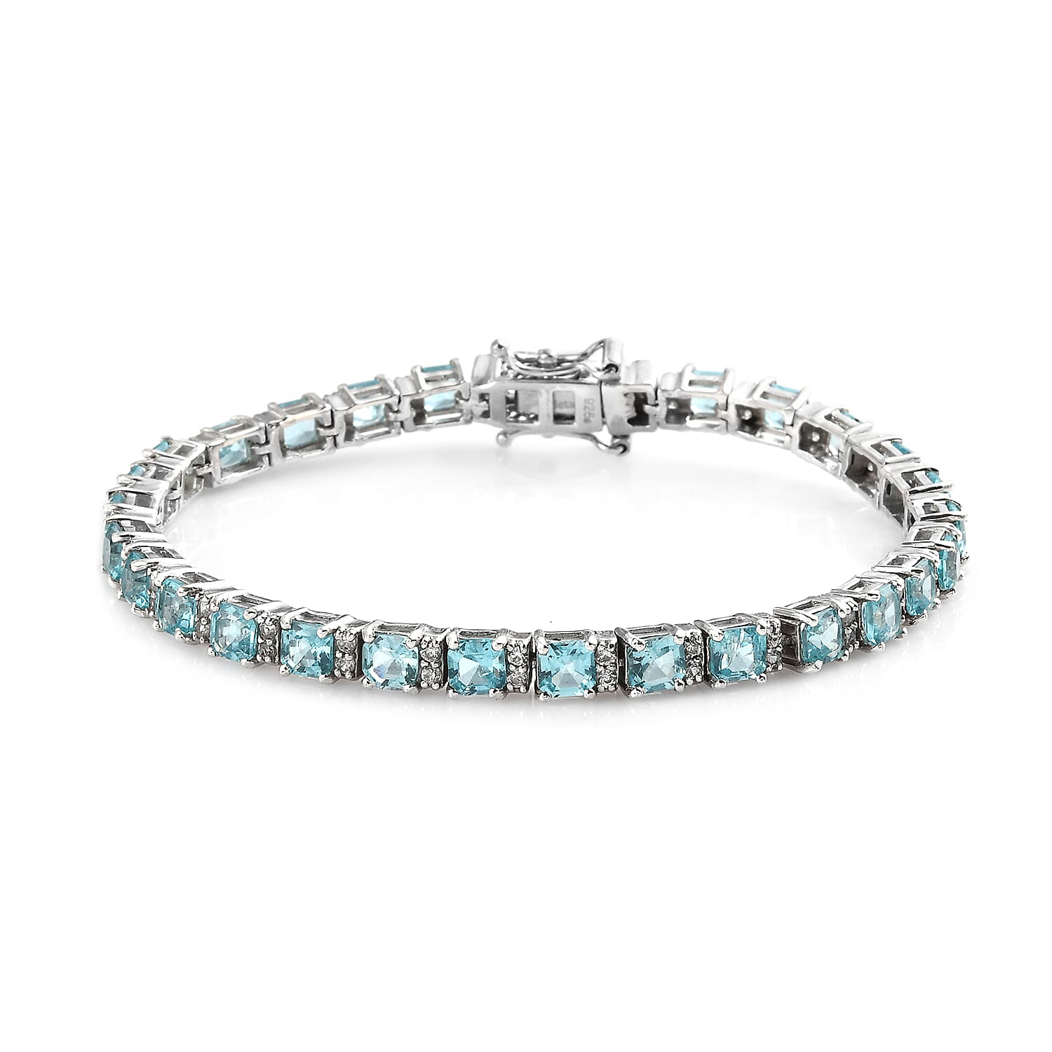 Paraiba Apatite (Asscher Cut), Natural Cambodian Zircon Bracelet (Size 8) in Platinum Overlay Sterling Silver 11.26 Ct, Silver Wt. 13.36 Gms
