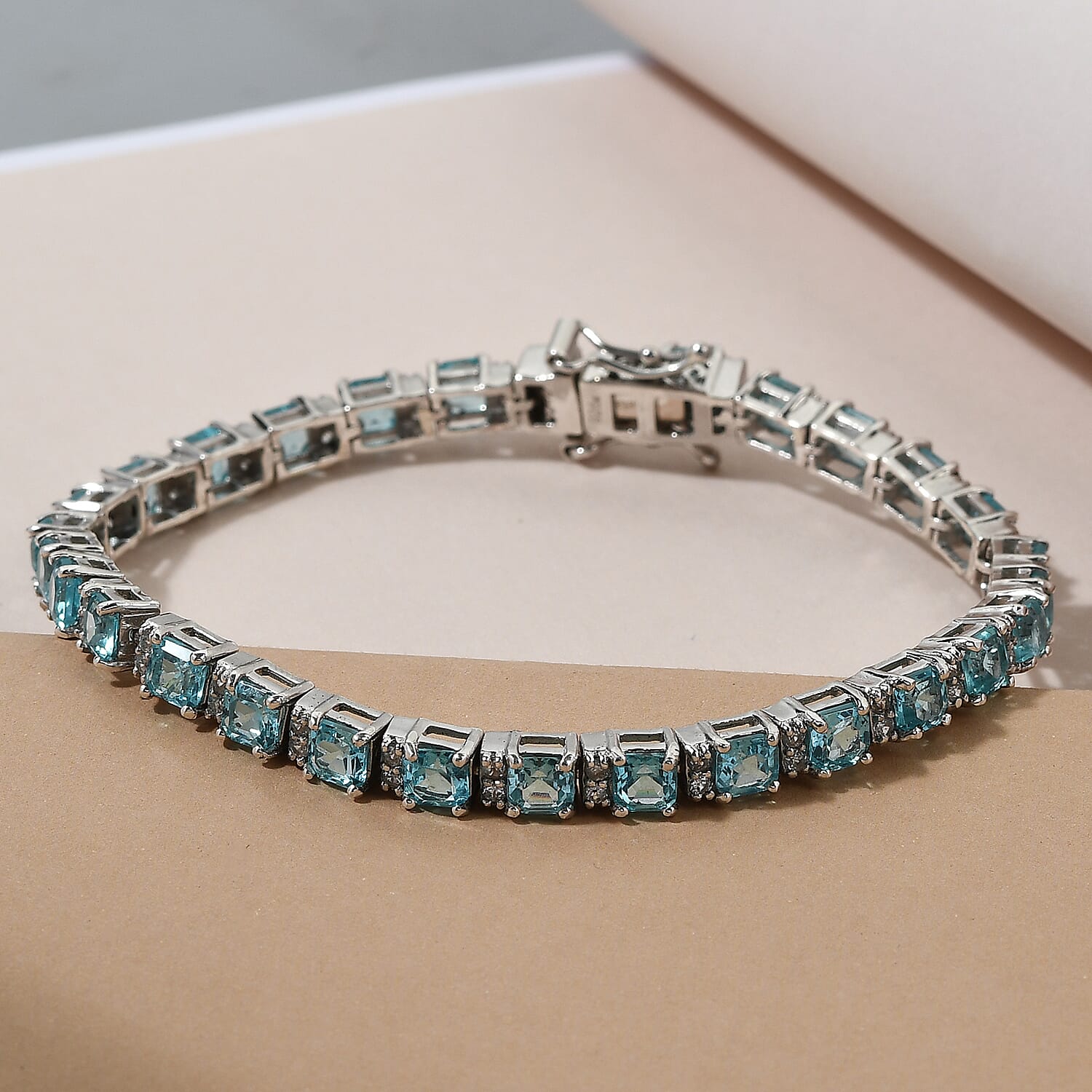 Paraiba Apatite (Asscher Cut), Natural Cambodian Zircon Bracelet (Size 8) in Platinum Overlay Sterling Silver 11.26 Ct, Silver Wt. 13.36 Gms