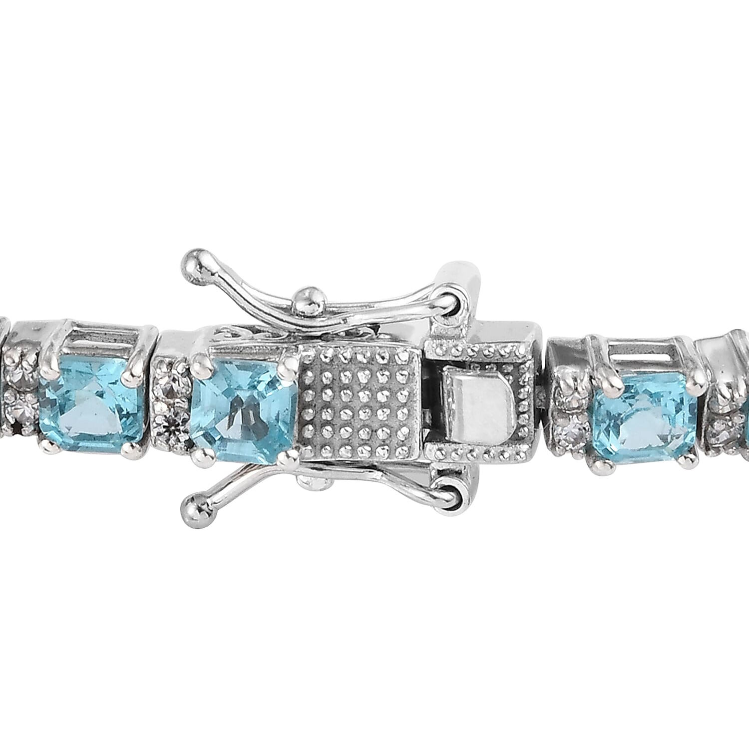 Paraiba Apatite (Asscher Cut), Natural Cambodian Zircon Bracelet (Size 8) in Platinum Overlay Sterling Silver 11.26 Ct, Silver Wt. 13.36 Gms