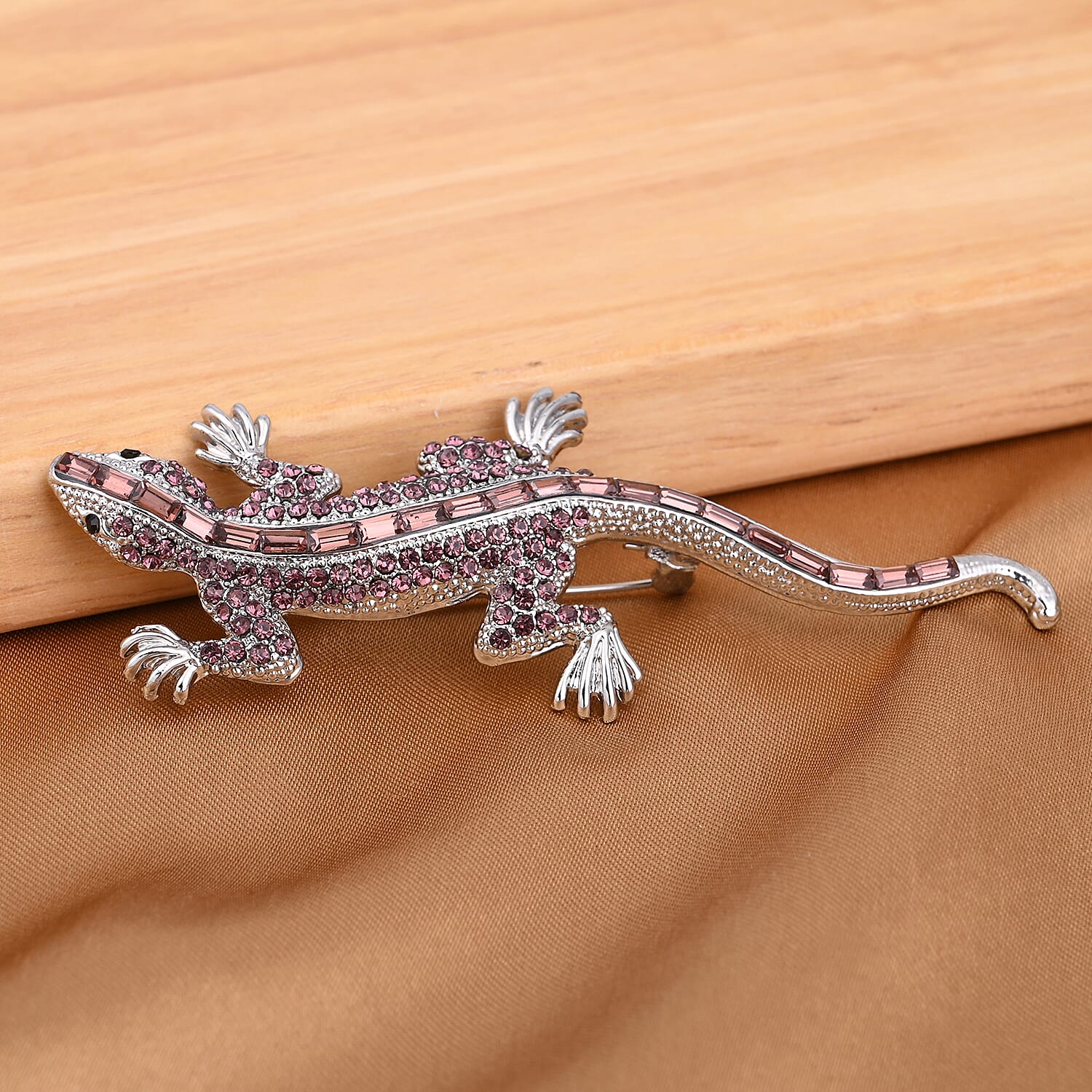 Simulated Amethyst, Purple and Black Austrian Crystal Lizard Brooch in Silver Tone