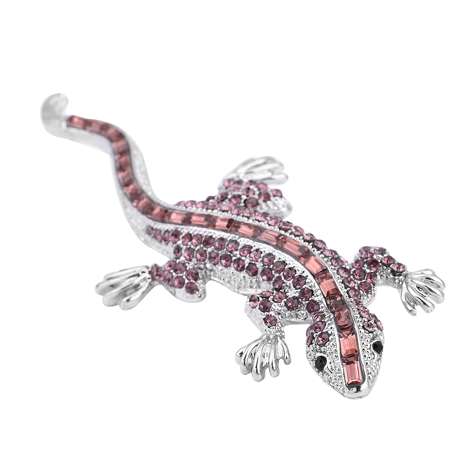 Simulated Amethyst, Purple and Black Austrian Crystal Lizard Brooch in Silver Tone