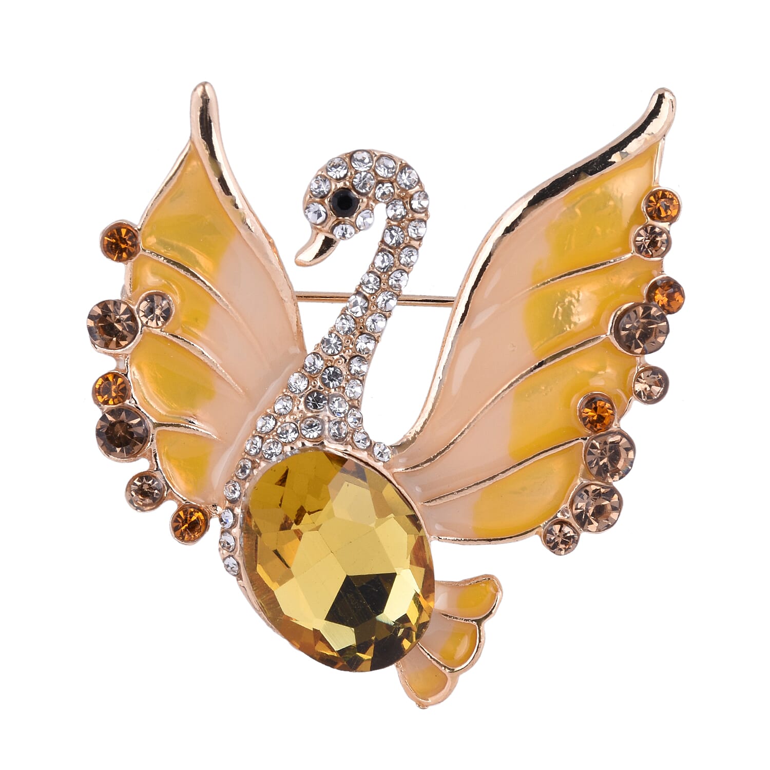 Multi Colour Austrian Crystal and Simulated Champagne Sapphire Peacock Enamelled Brooch in Yellow Gold Tone