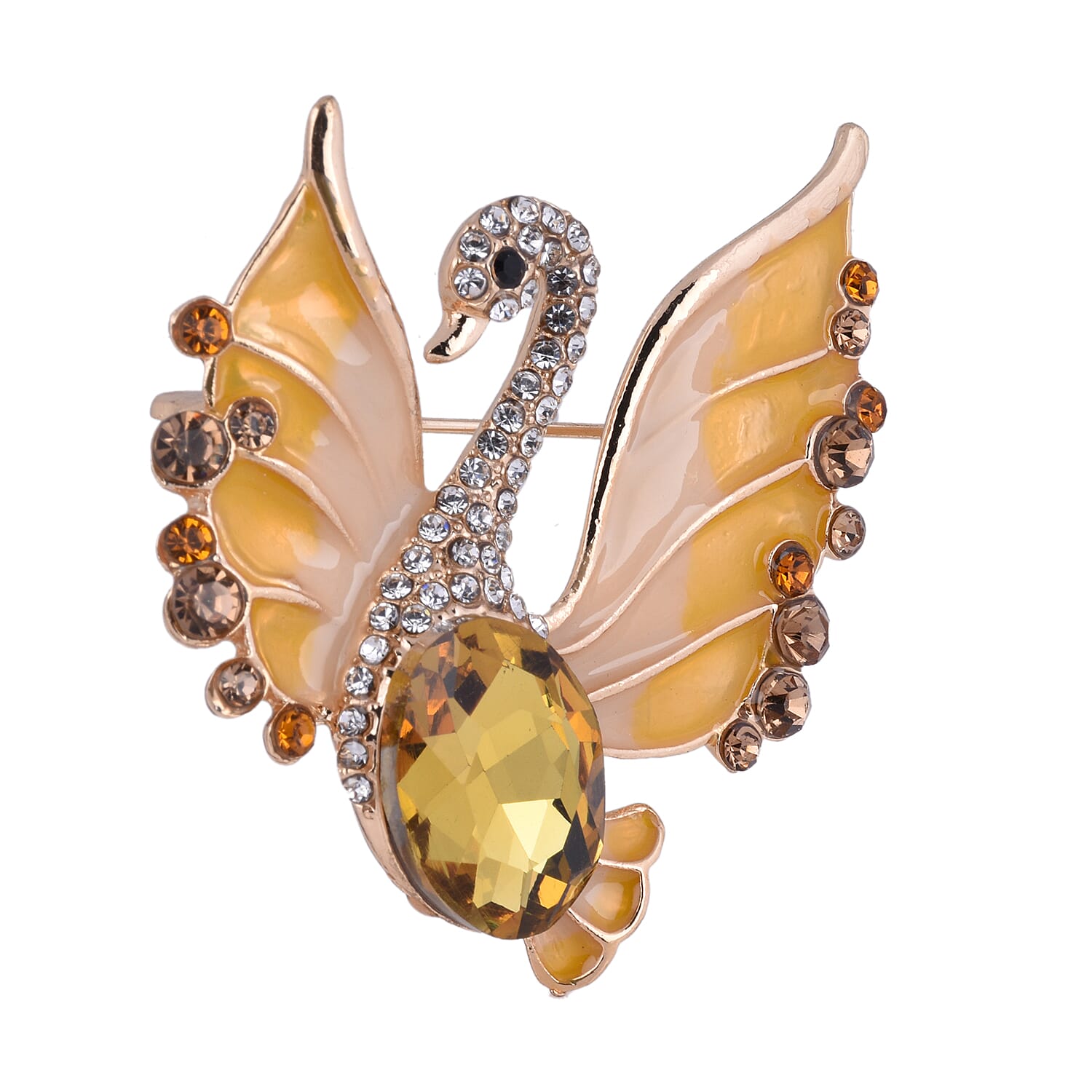 Multi Colour Austrian Crystal and Simulated Champagne Sapphire Peacock Enamelled Brooch in Yellow Gold Tone