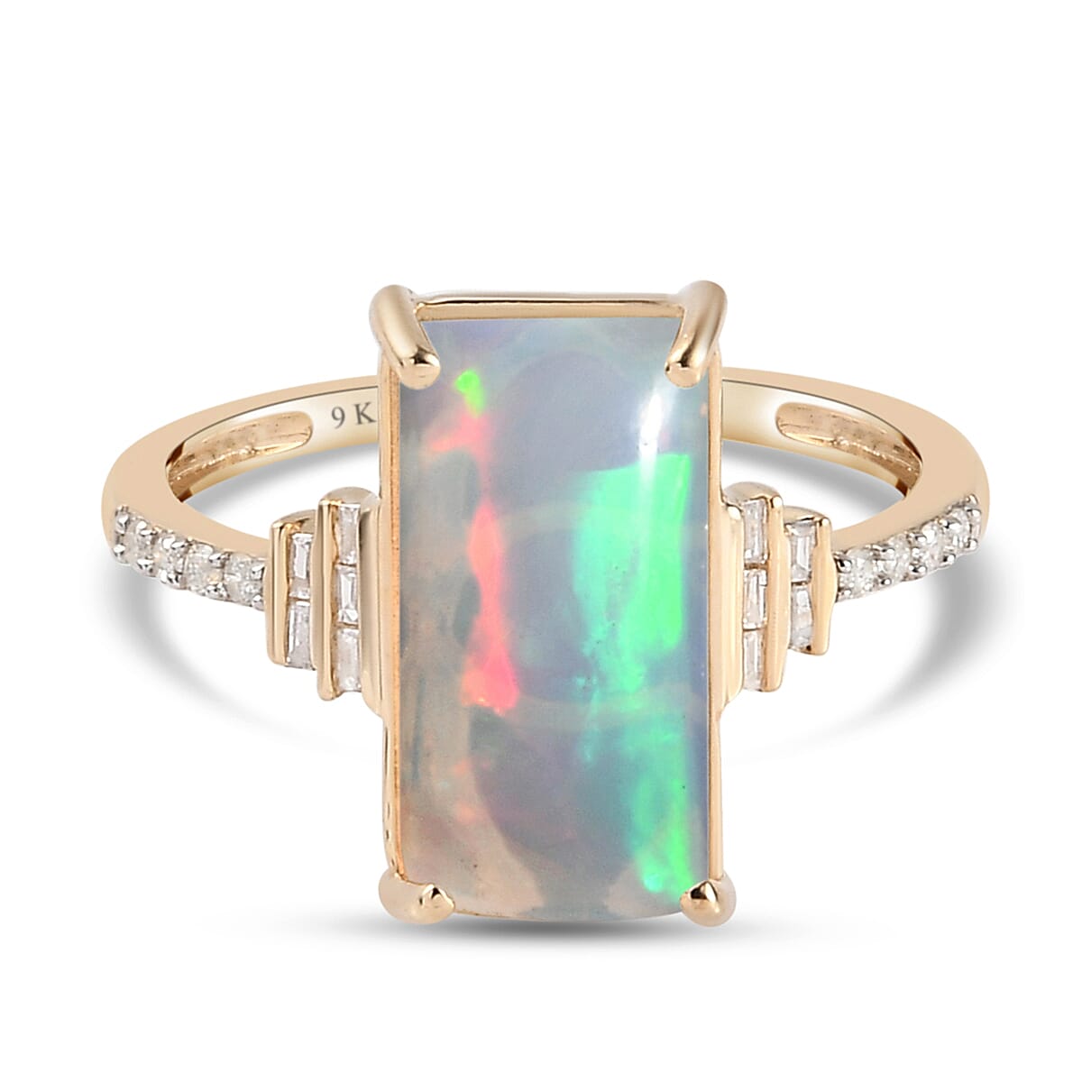 9K Yellow Gold Ethiopian Welo Opal and Diamond Ring 3.13 Ct.
