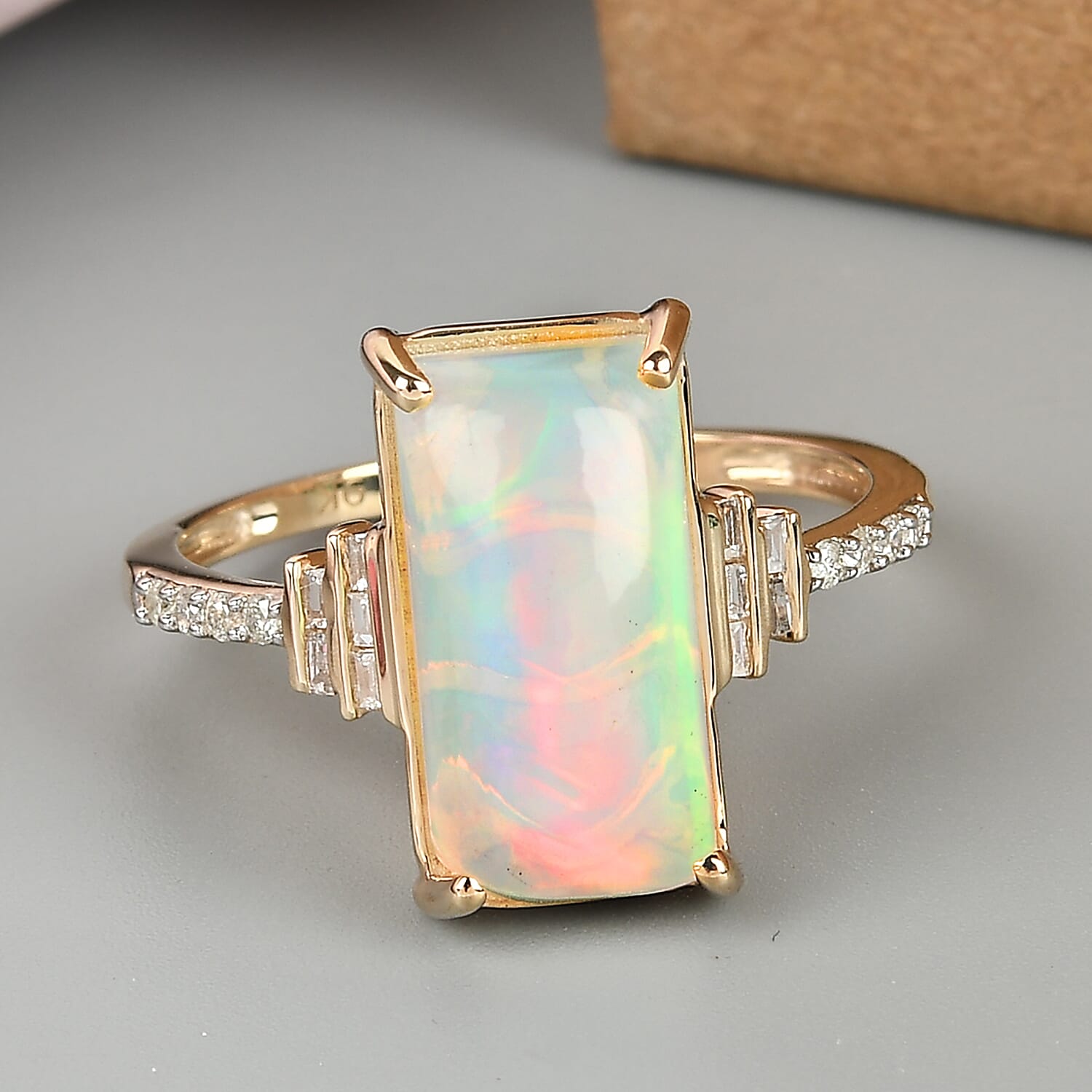 9K Yellow Gold Ethiopian Welo Opal and Diamond Ring 3.13 Ct.