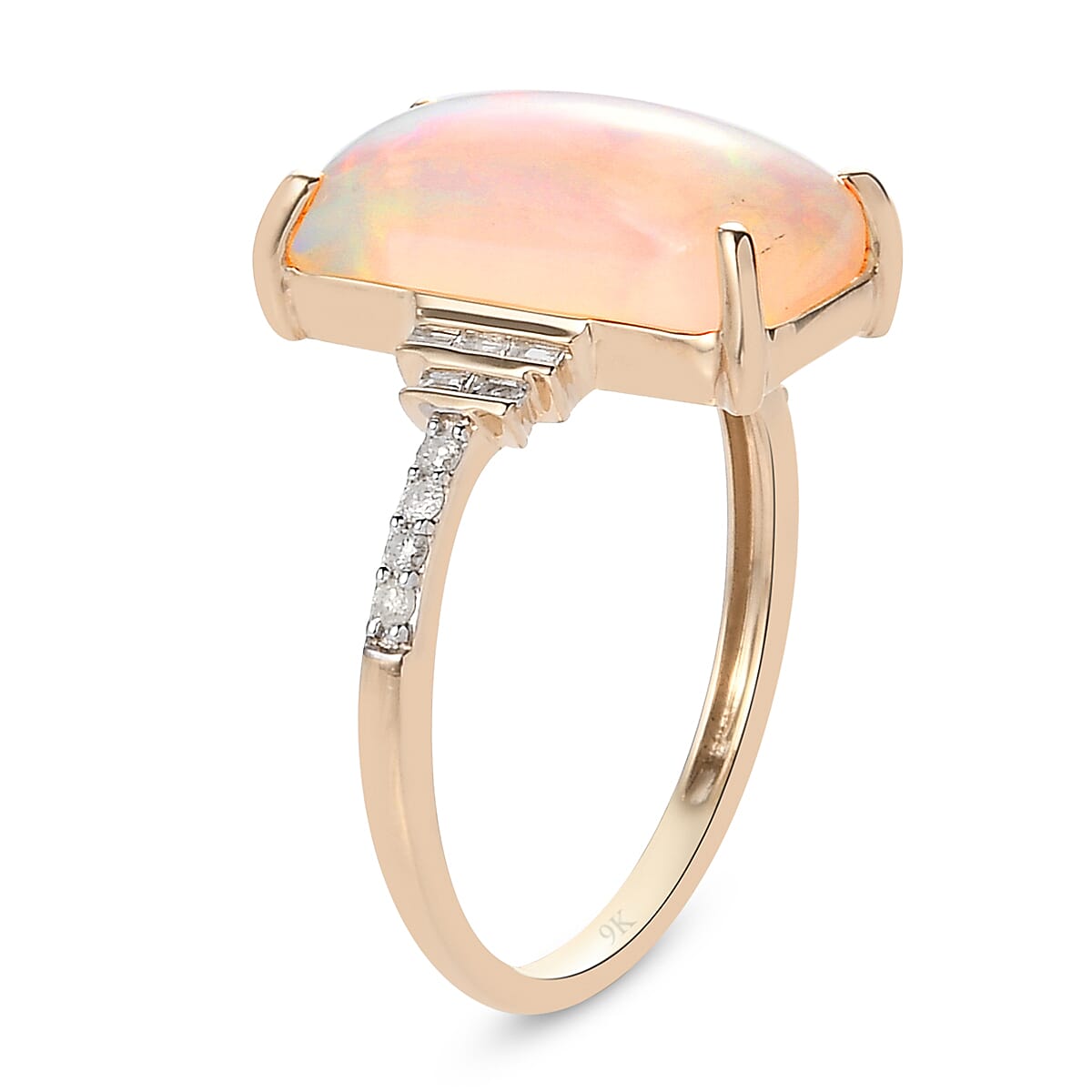 9K Yellow Gold Ethiopian Welo Opal and Diamond Ring 3.13 Ct.