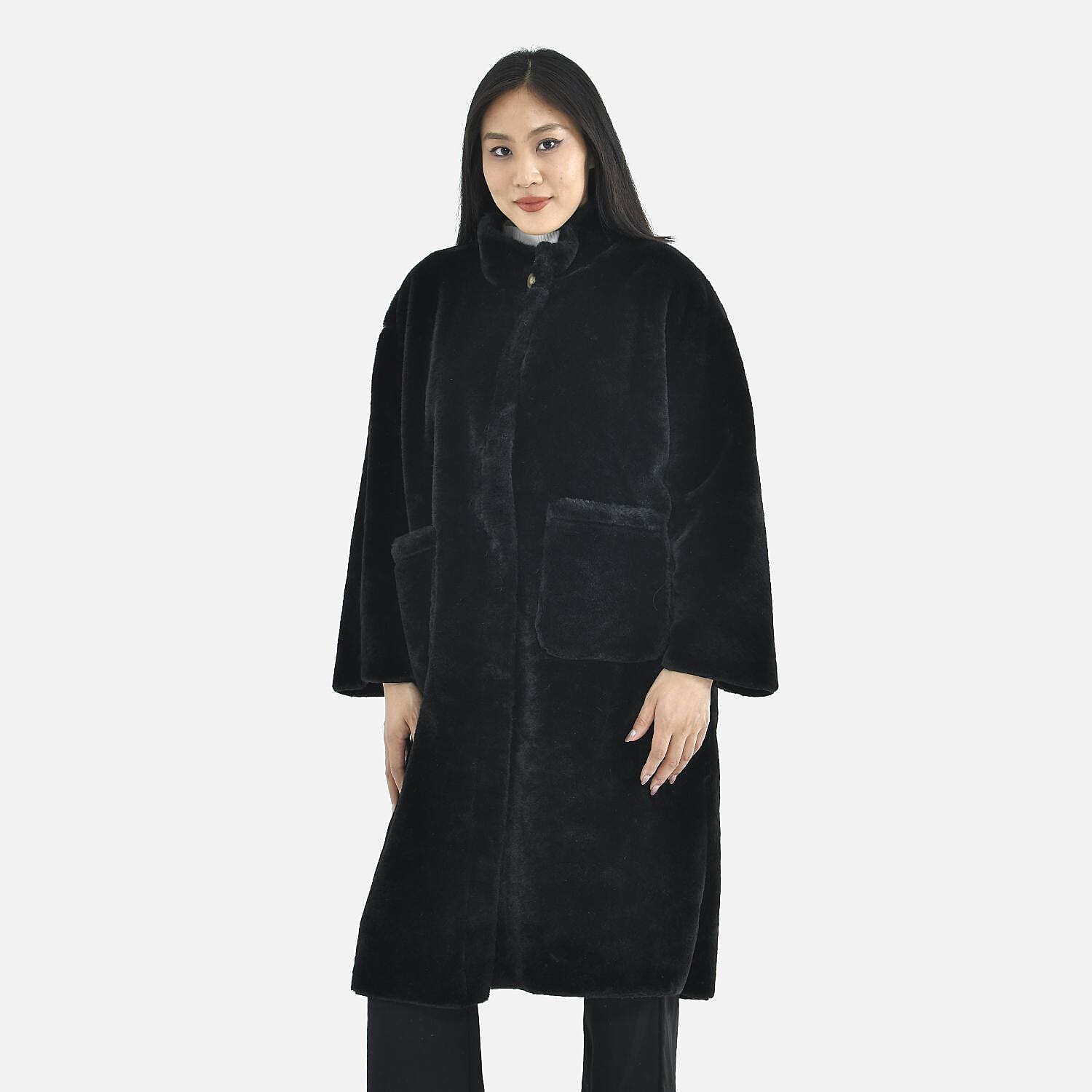 TAMSY Faux Fur Long Sleeves Coat with High Neck (Size L,16-18) - Black