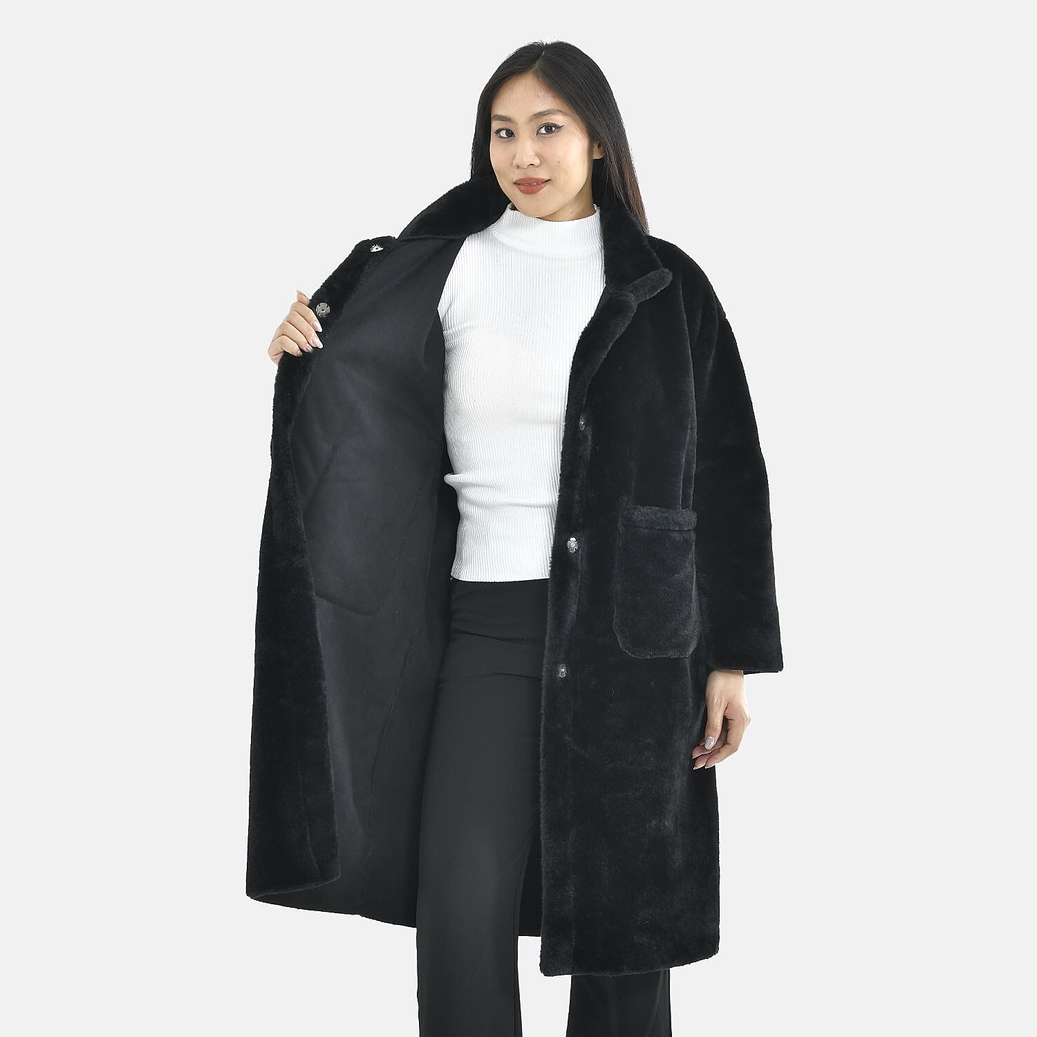 TAMSY Faux Fur Long Sleeves Coat with High Neck (Size L,16-18) - Black