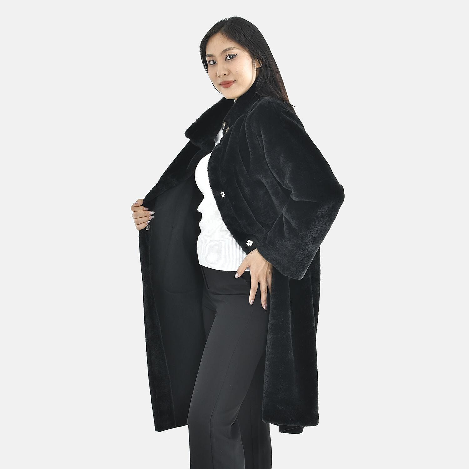 TAMSY Faux Fur Long Sleeves Coat with High Neck - Black