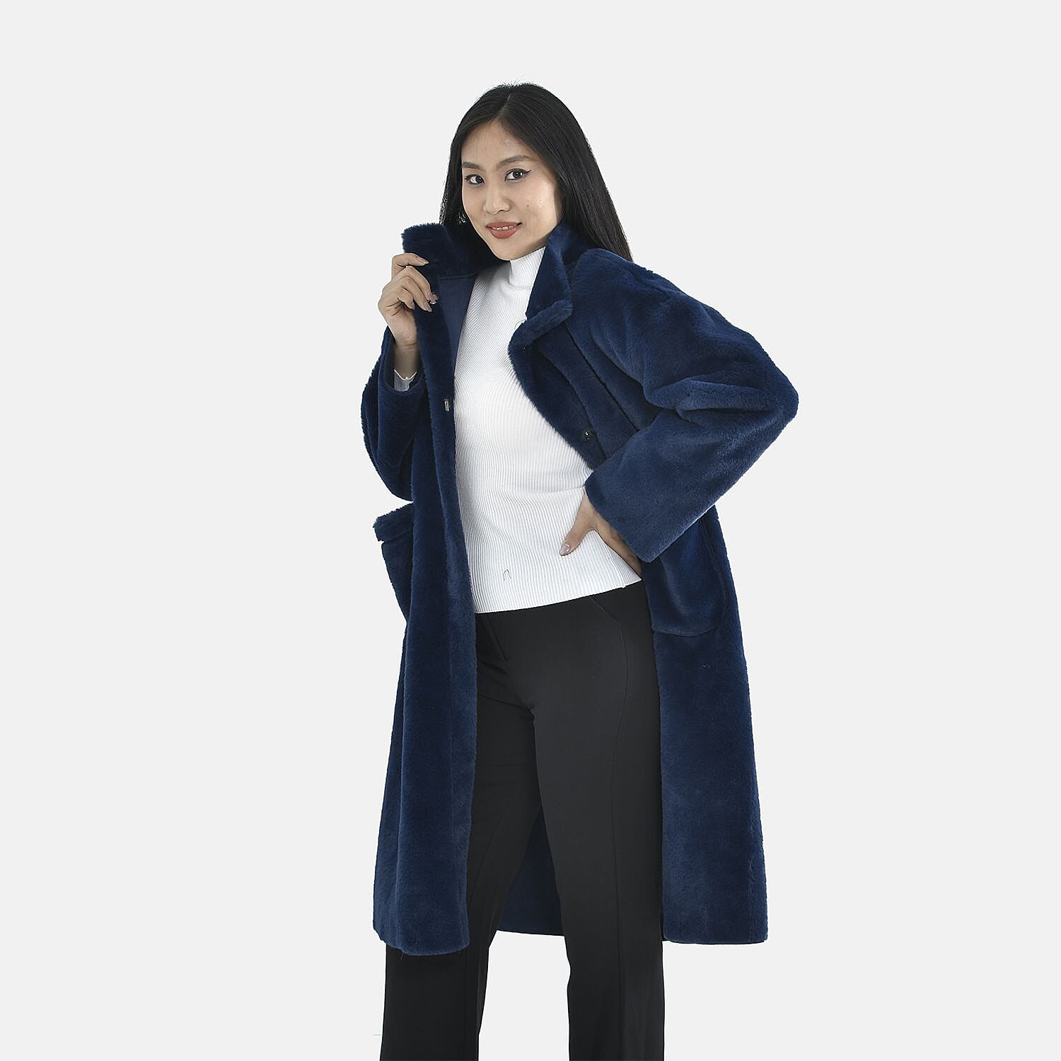 TAMSY Faux Fur Long Sleeves Coat with High Neck - Black