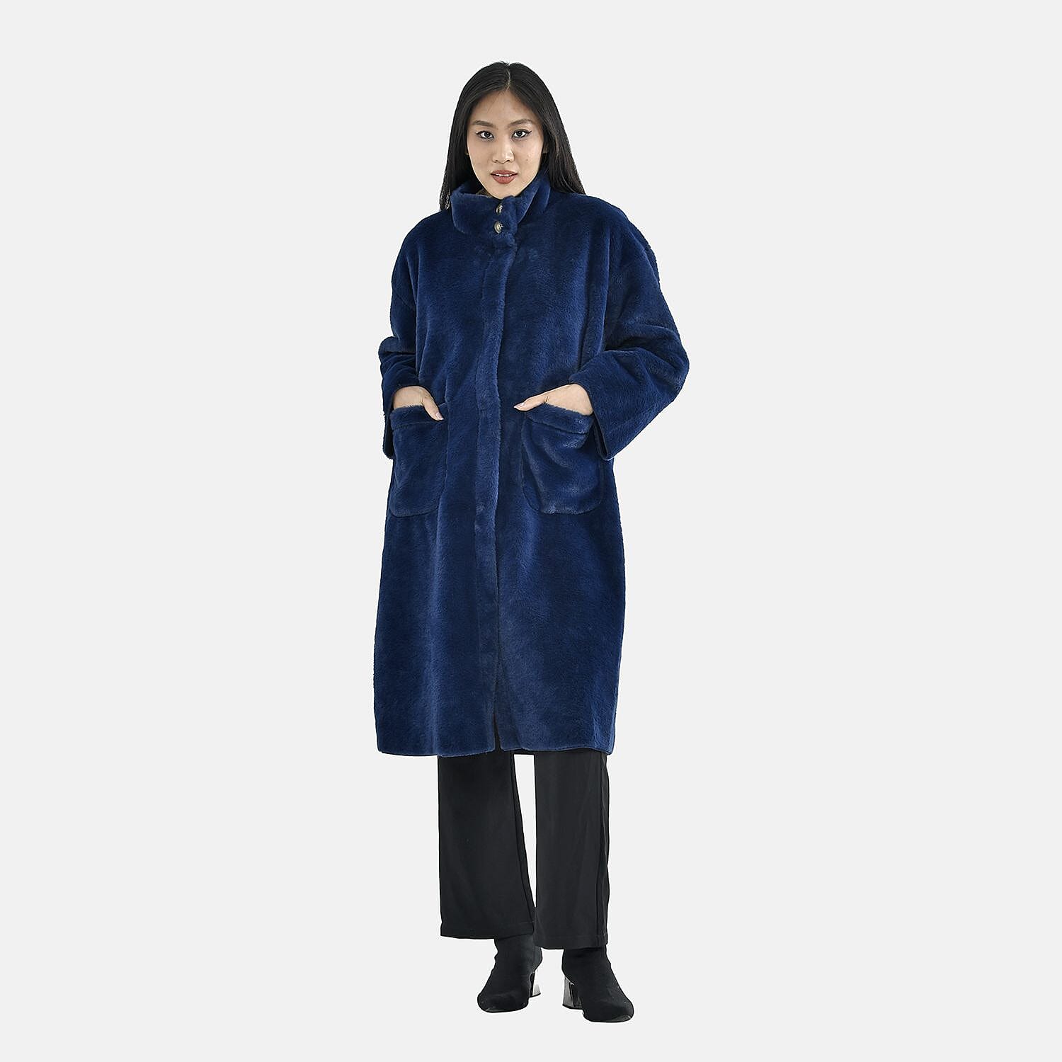 TAMSY Faux Fur Long Sleeves Coat with High Neck (Size XL,20-22) - Dark Blue