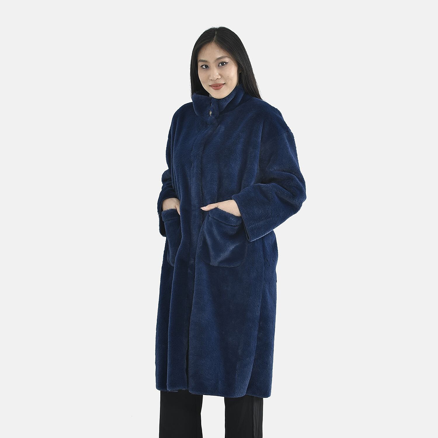 TAMSY Faux Fur Long Sleeves Coat with High Neck (Size XL,20-22) - Dark Blue