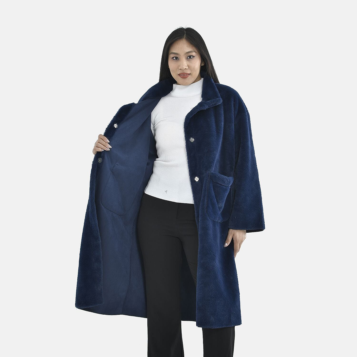 TAMSY Faux Fur Long Sleeves Coat with High Neck (Size XL,20-22) - Dark Blue