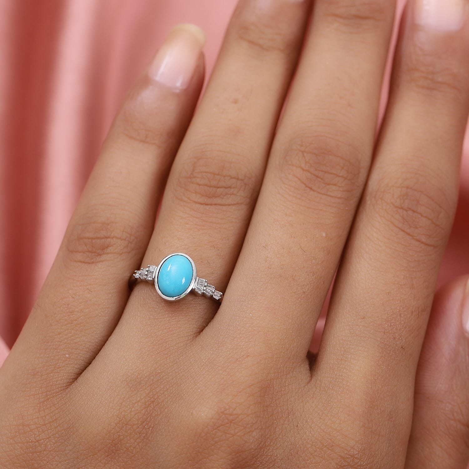 Arizona Sleeping Beauty Turquoise and Diamond Ring in Platinum Overlay Sterling Silver 1.12 Ct.