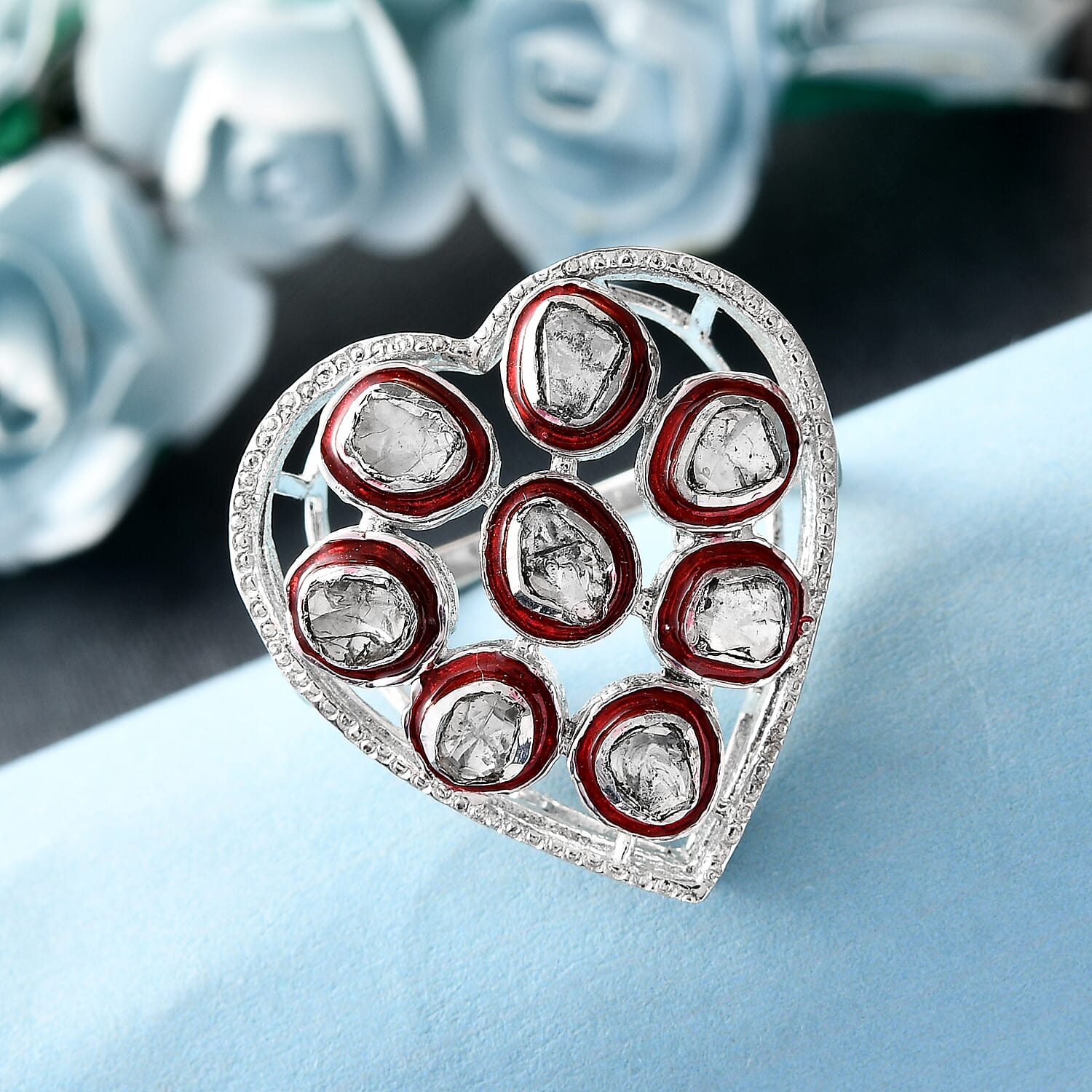 GP Amore Collection - Polki Diamond Heart Ring in Platinum Overlay Sterling Silver 0.51 Ct, Silver Wt. 6.00 Gms