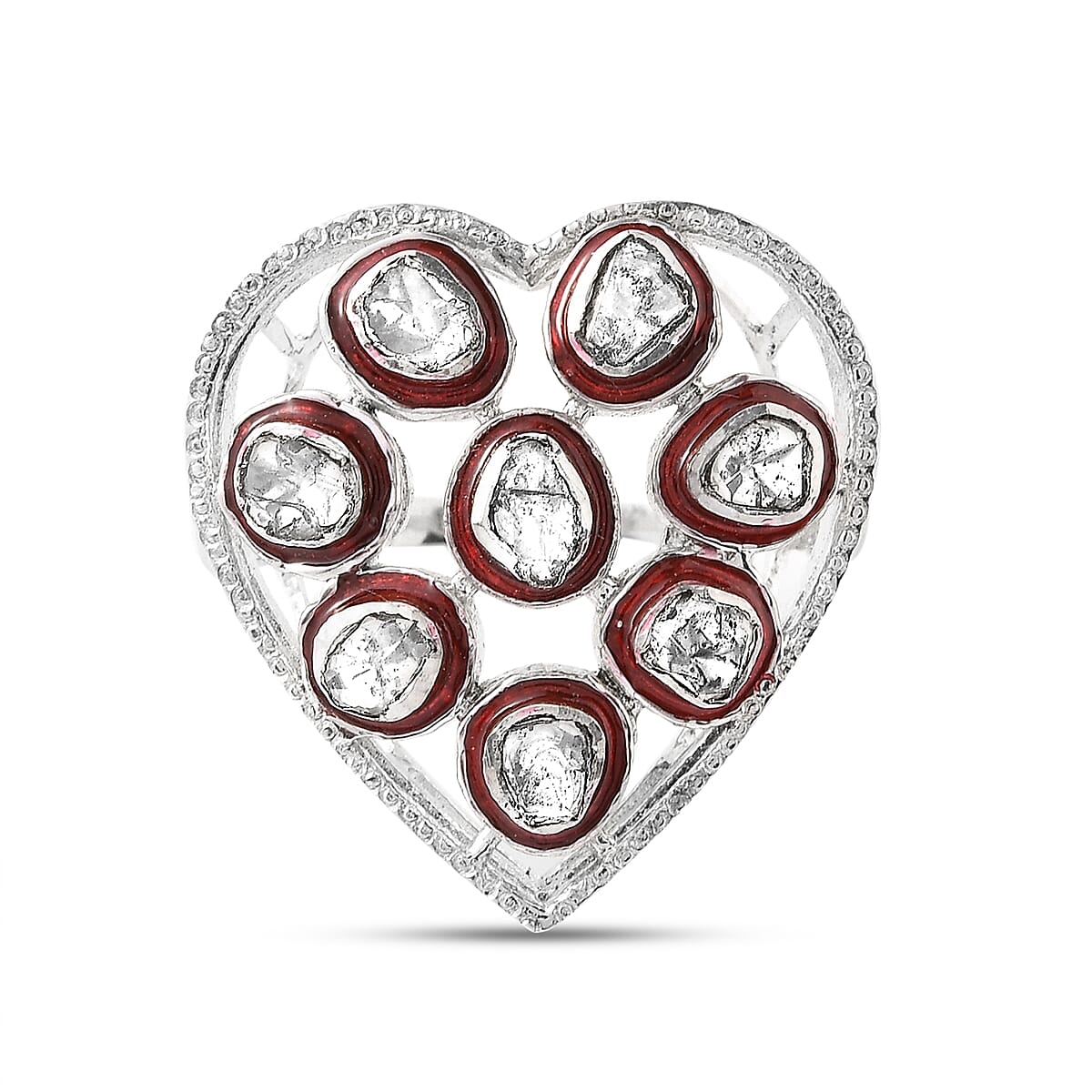 GP Amore Collection - Polki Diamond Heart Ring in Platinum Overlay Sterling Silver 0.51 Ct, Silver Wt. 6.00 Gms