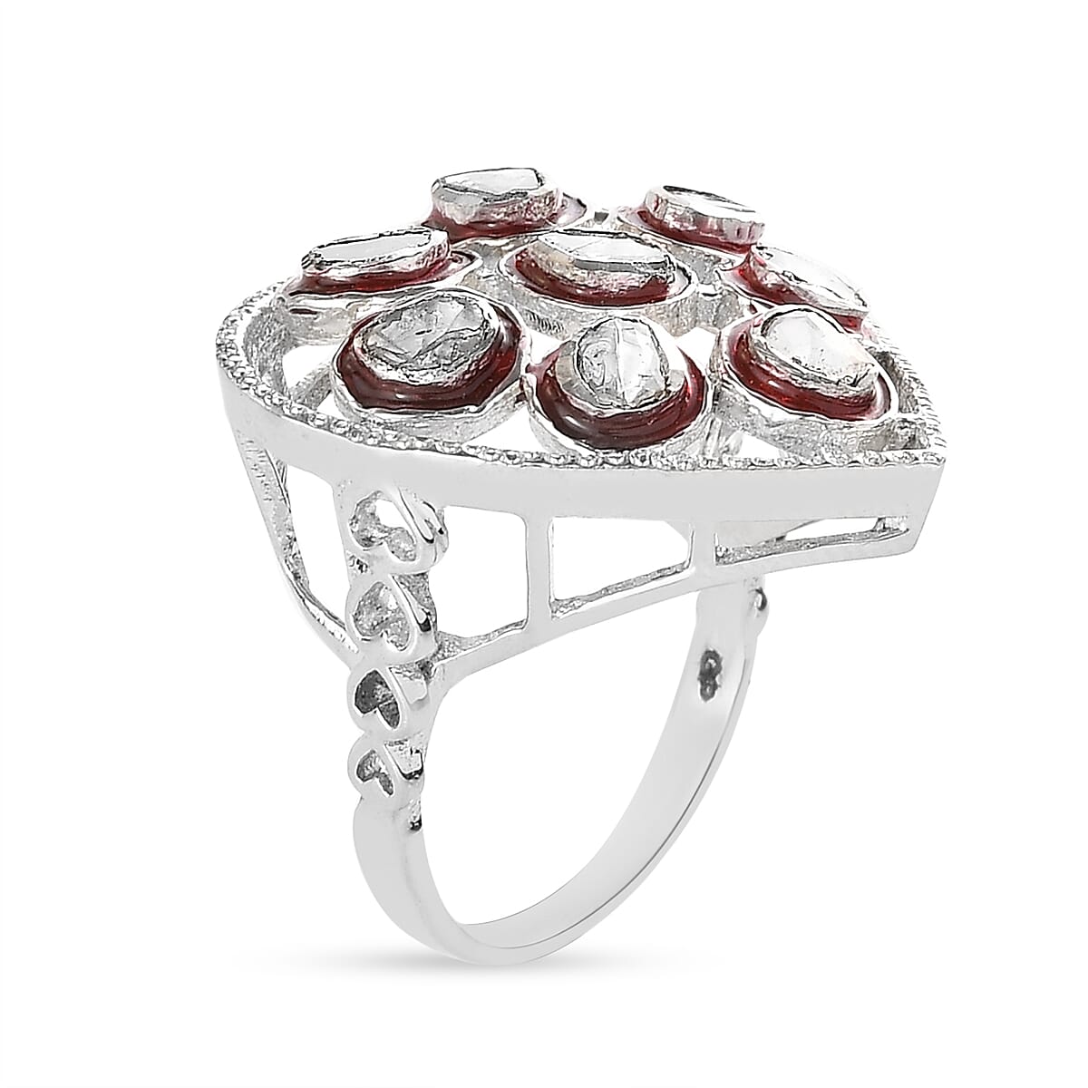 GP Amore Collection - Polki Diamond Heart Ring in Platinum Overlay Sterling Silver 0.51 Ct, Silver Wt. 6.00 Gms