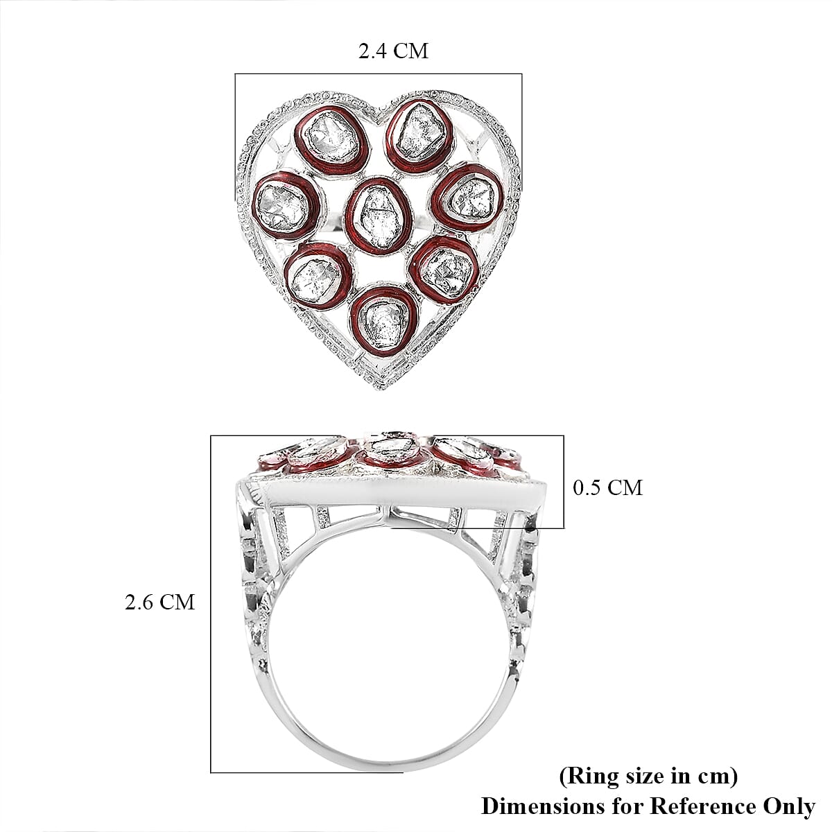 GP Amore Collection - Polki Diamond Heart Ring in Platinum Overlay Sterling Silver 0.51 Ct, Silver Wt. 6.00 Gms