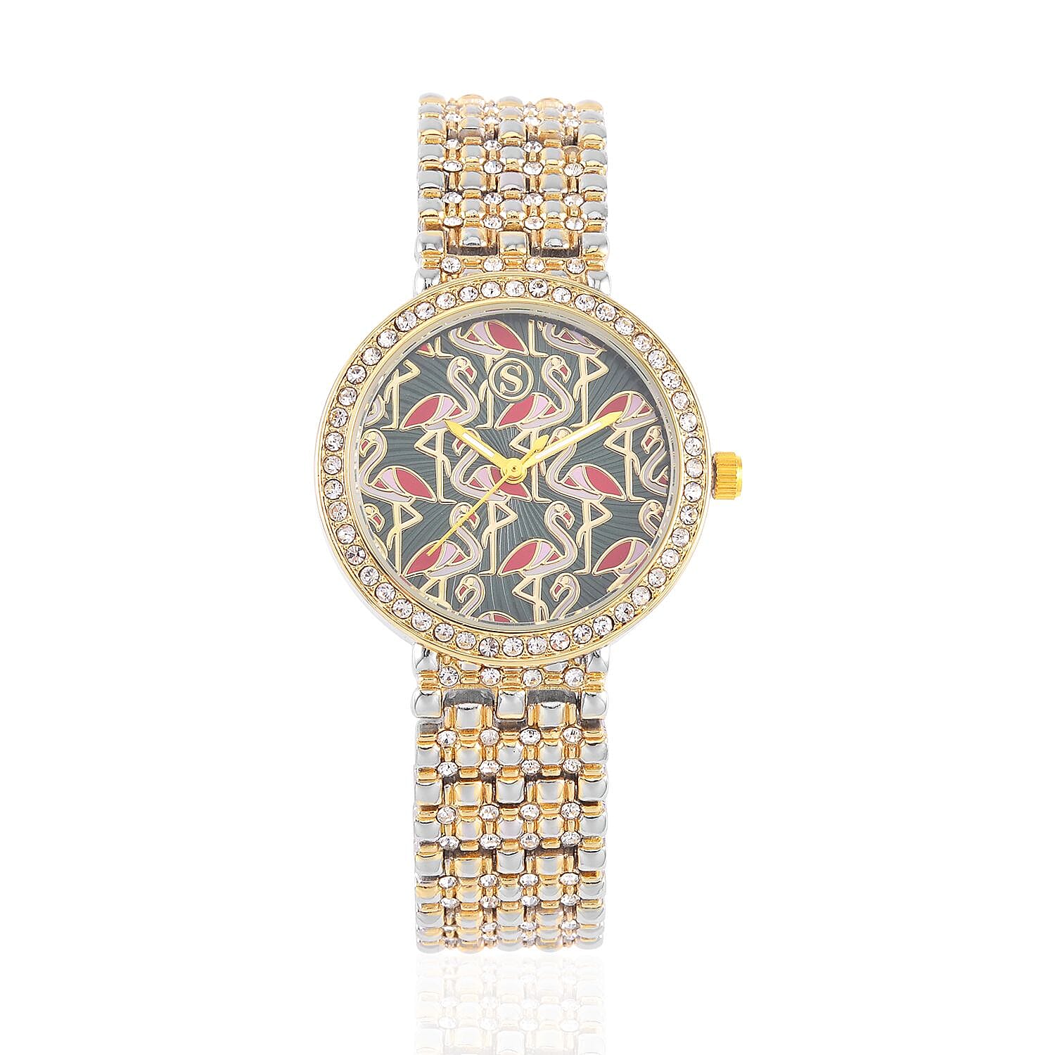 STRADA Japan Movt. Gold & Green Dial Flamingo Pattern Crystal Studded WR Watch with Stainless Steel Buckle