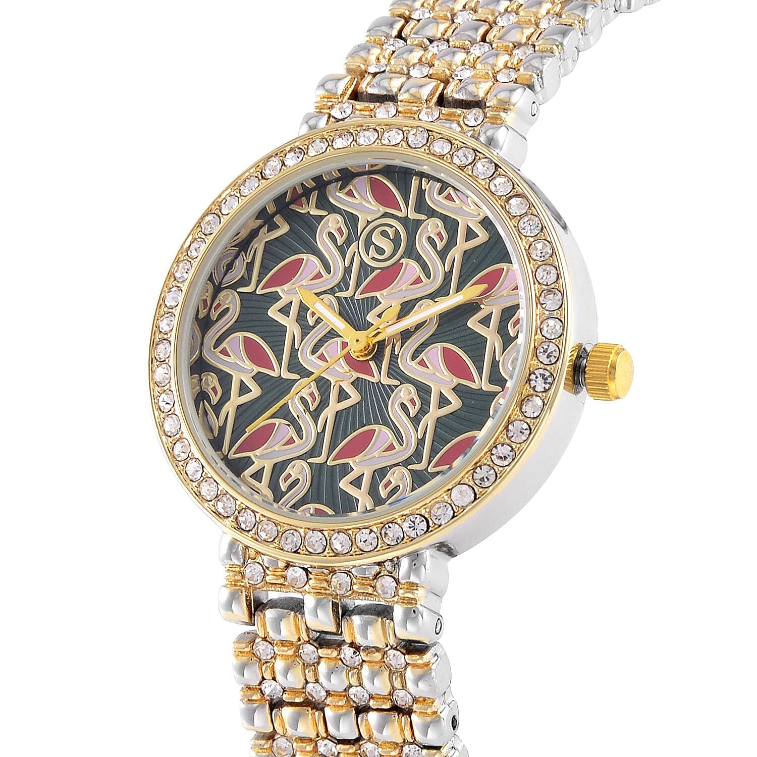 STRADA Japan Movt. Gold & Green Dial Flamingo Pattern Crystal Studded WR Watch with Stainless Steel Buckle