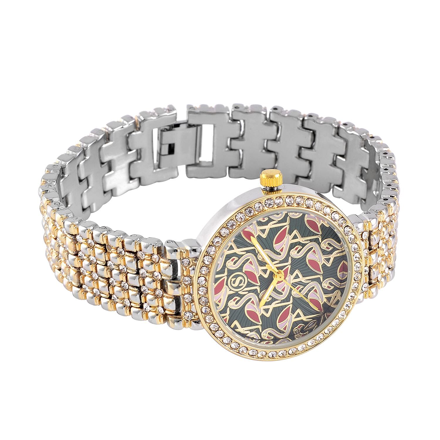 STRADA Japan Movt. Gold - Green Dial Flamingo Pattern Crystal Studded WR Watch with Stainless Steel Buckle