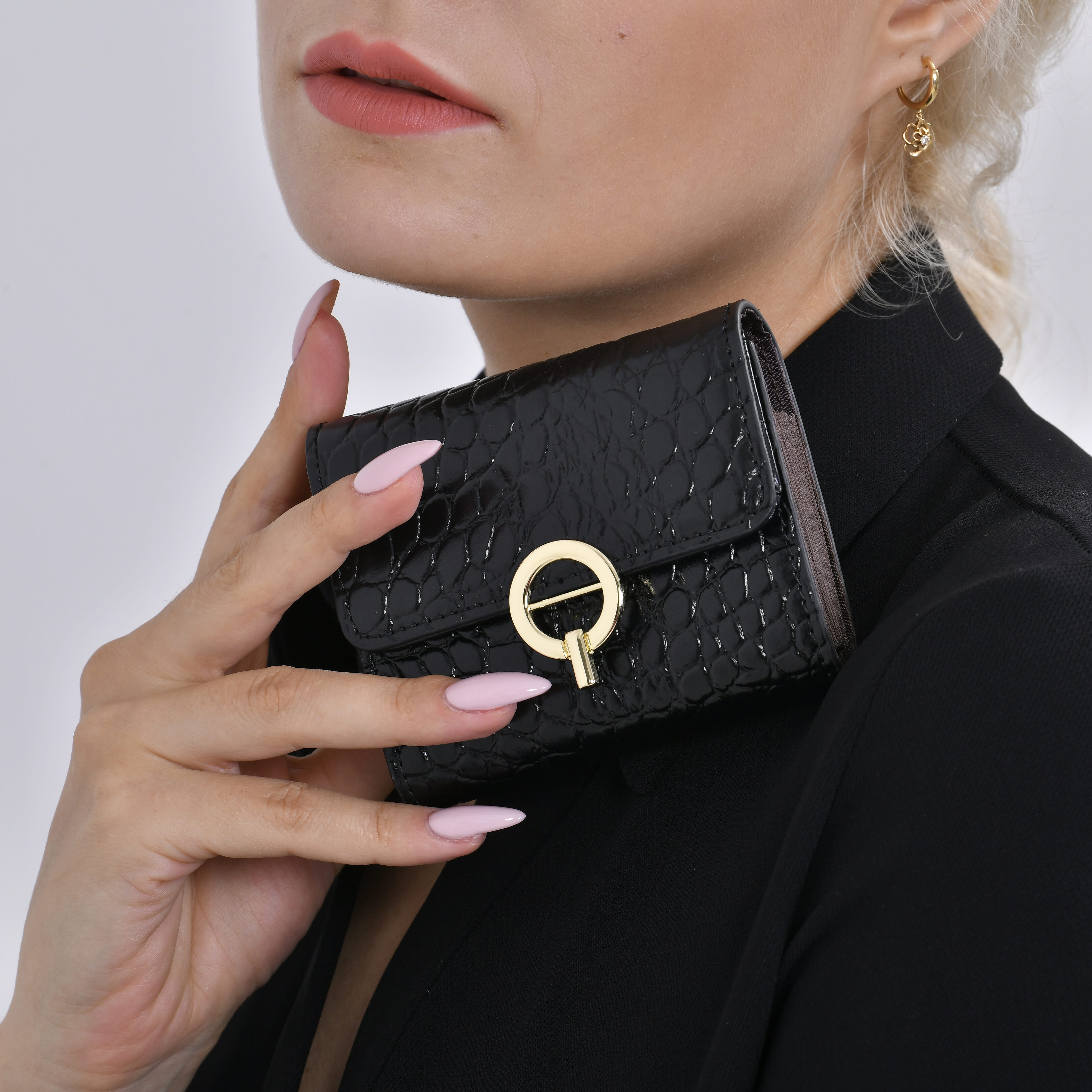 RFID Protected Genuine Leather Croco Embossed Wallet - Black