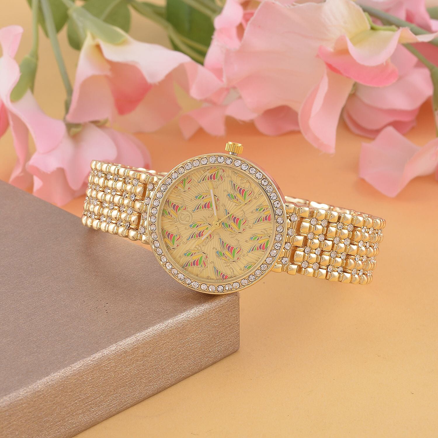 STRADA Japan Movt. Gold Dial Butterfly Pattern Crystal Studded WR Watch with Stainless Steel Buckle
