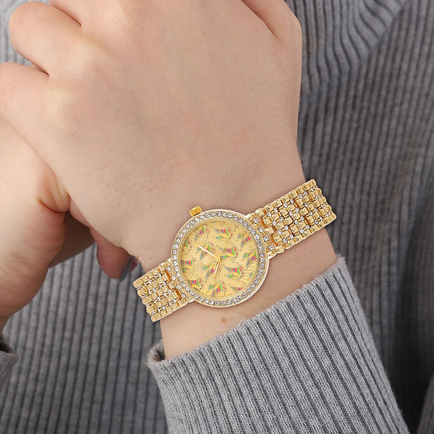 STRADA Japan Movt. Gold Dial Butterfly Pattern Crystal Studded WR Watch with Stainless Steel Buckle