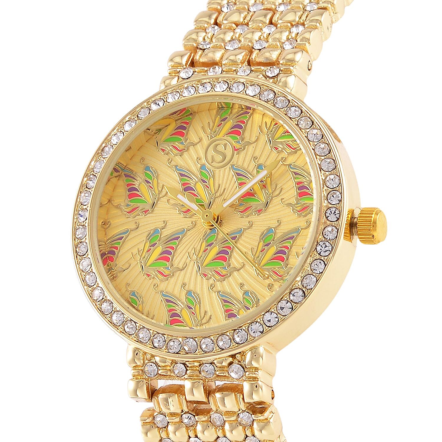 STRADA Japan Movt. Gold Dial Butterfly Pattern Crystal Studded WR Watch with Stainless Steel Buckle