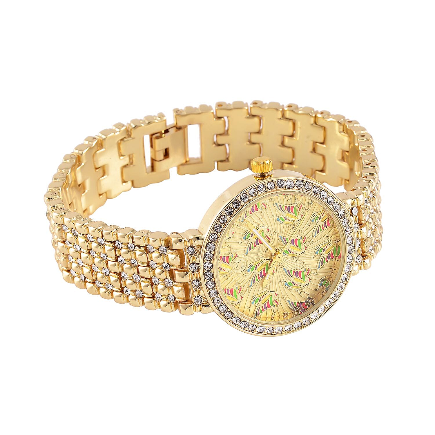 STRADA Japan Movt. Gold Dial Butterfly Pattern Crystal Studded WR Watch with Stainless Steel Buckle