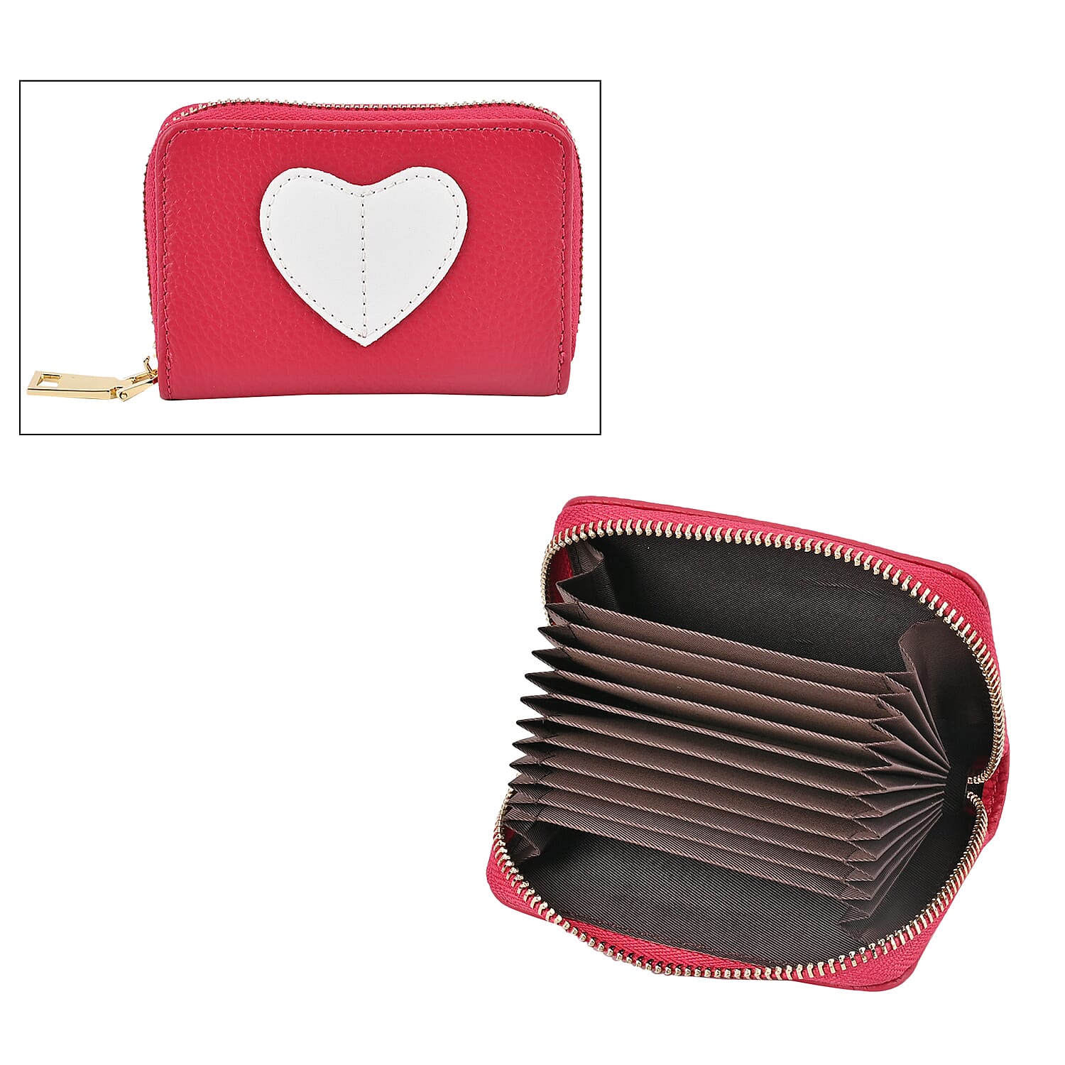 Genuine Leather Heart Print Card Wallet With RFID Protection - Fuschia
