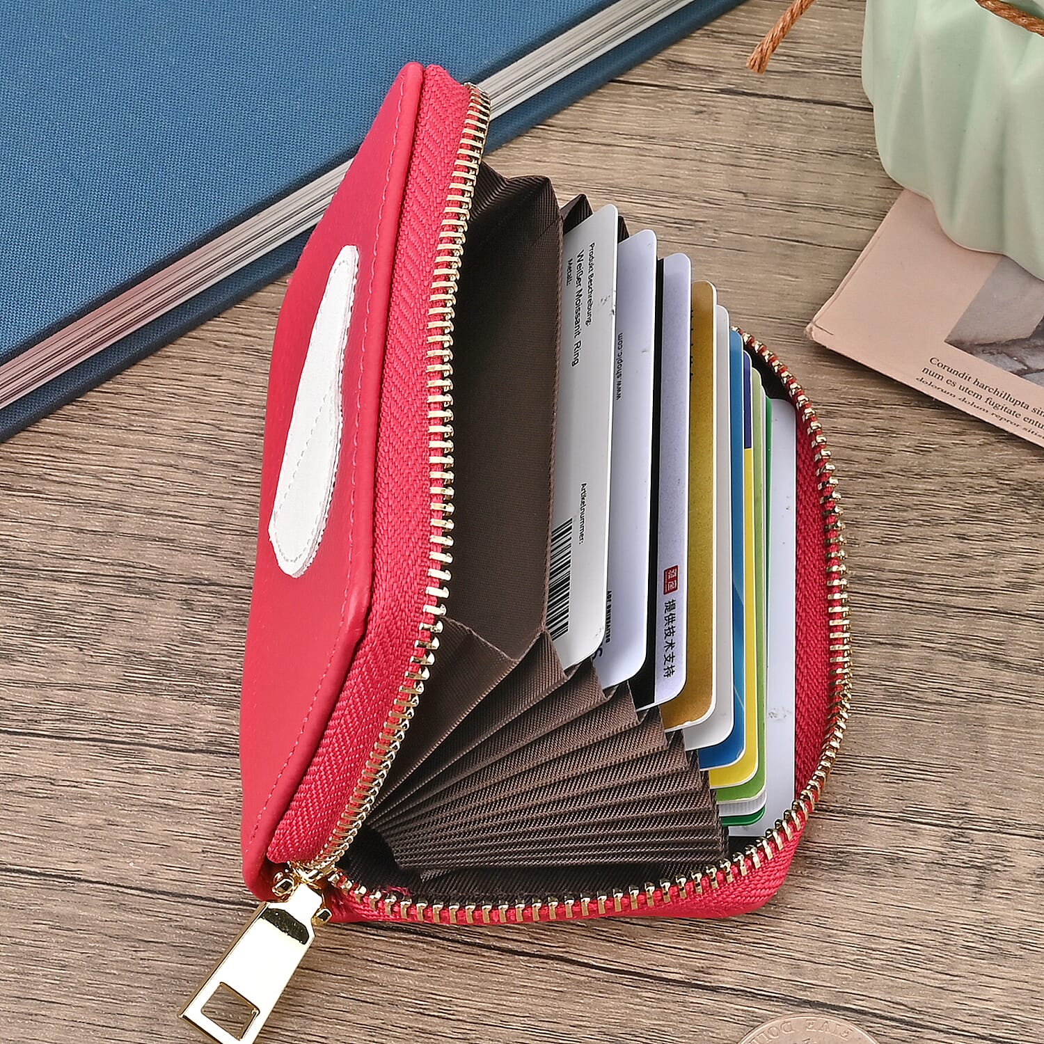 Genuine Leather Heart Print Card Wallet With RFID Protection - Fuschia