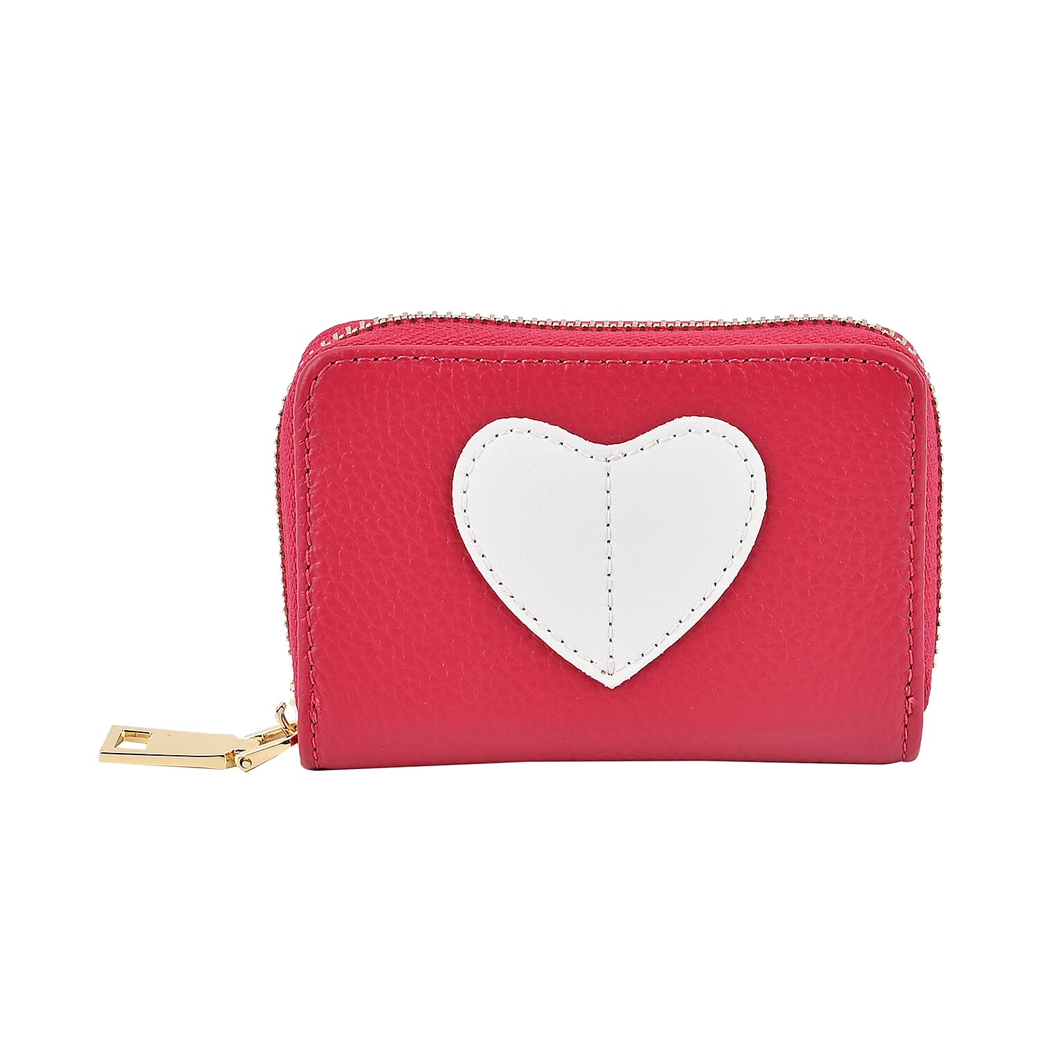Genuine Leather Heart Print Card Wallet With RFID Protection - Fuschia