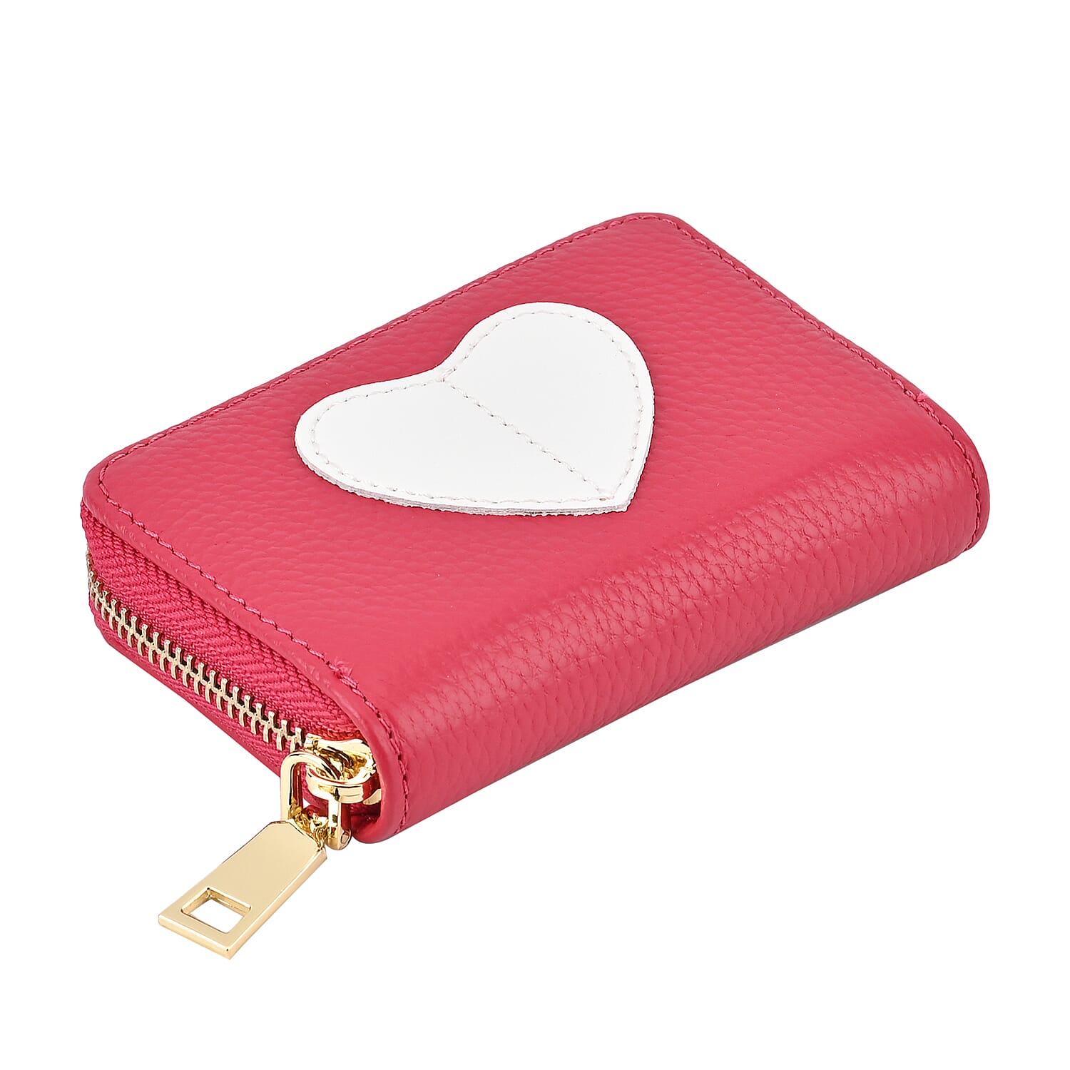 Genuine Leather Heart Print Card Wallet With RFID Protection - Fuschia