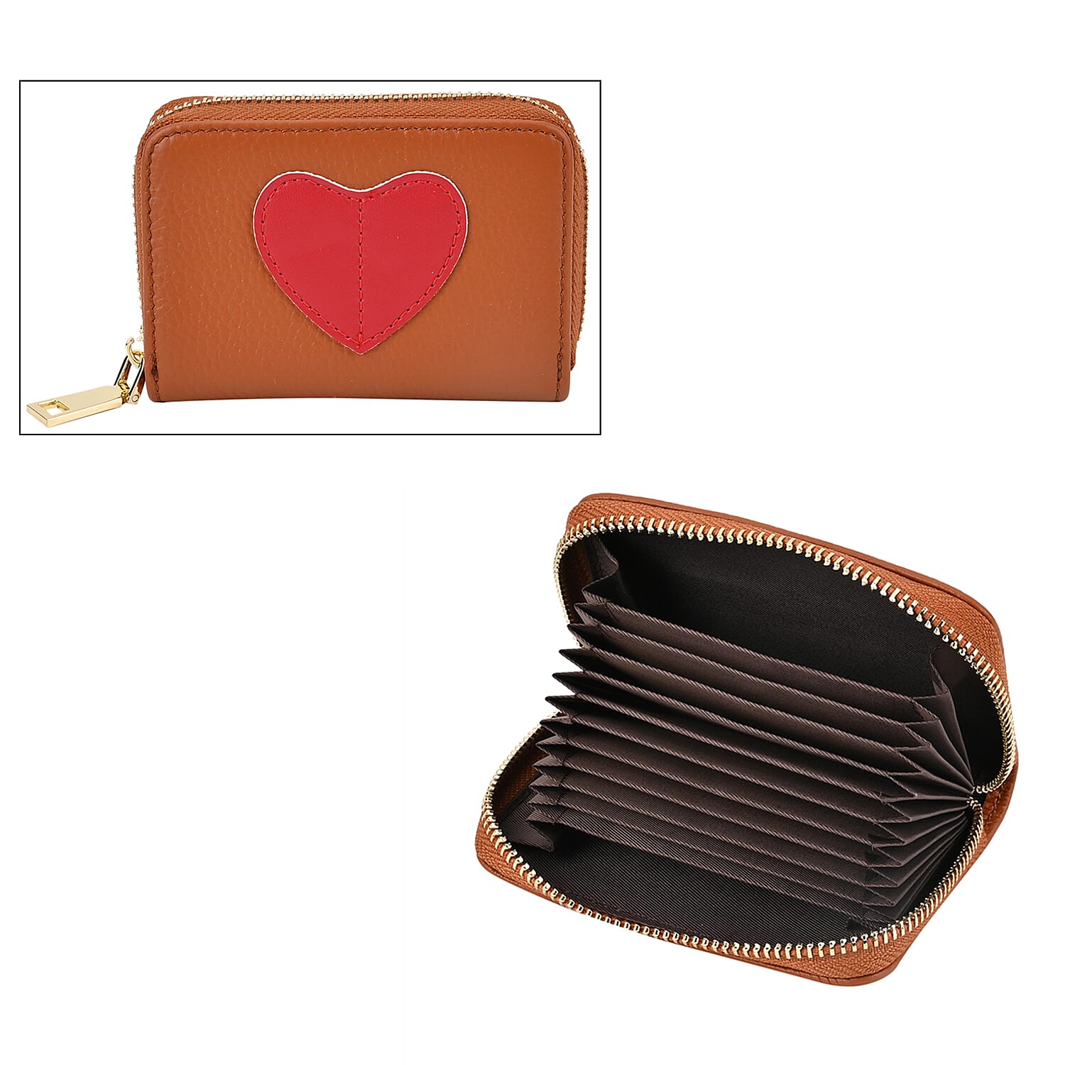 100% Genuine Leather Heart Print Card Wallet With RFID Protection - Tan
