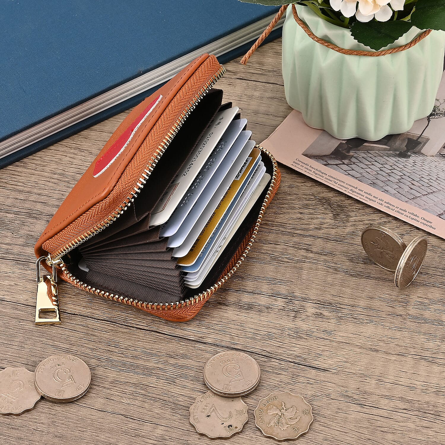 100% Genuine Leather Heart Print Card Wallet With RFID Protection - Tan