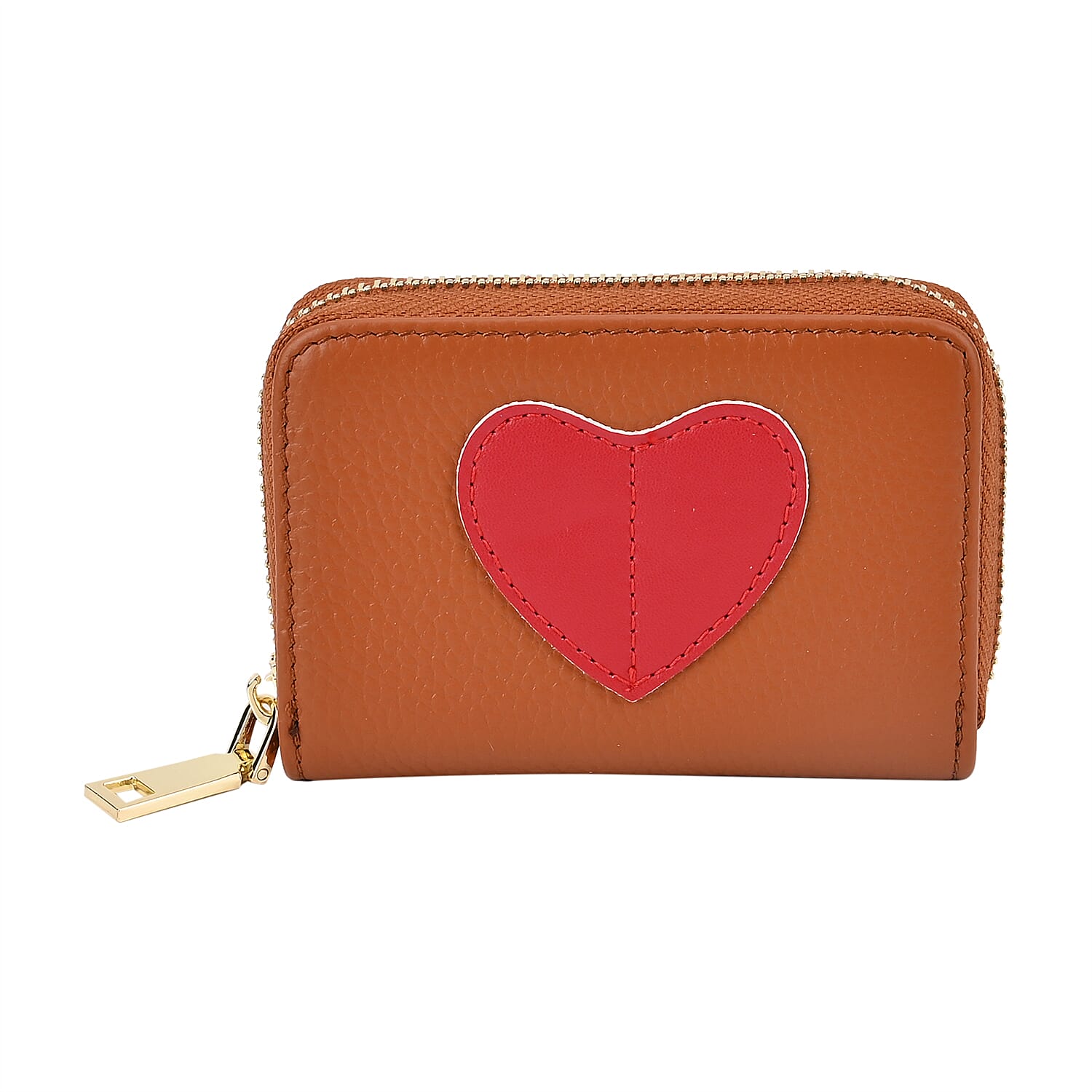 100% Genuine Leather Heart Print Card Wallet With RFID Protection - Tan