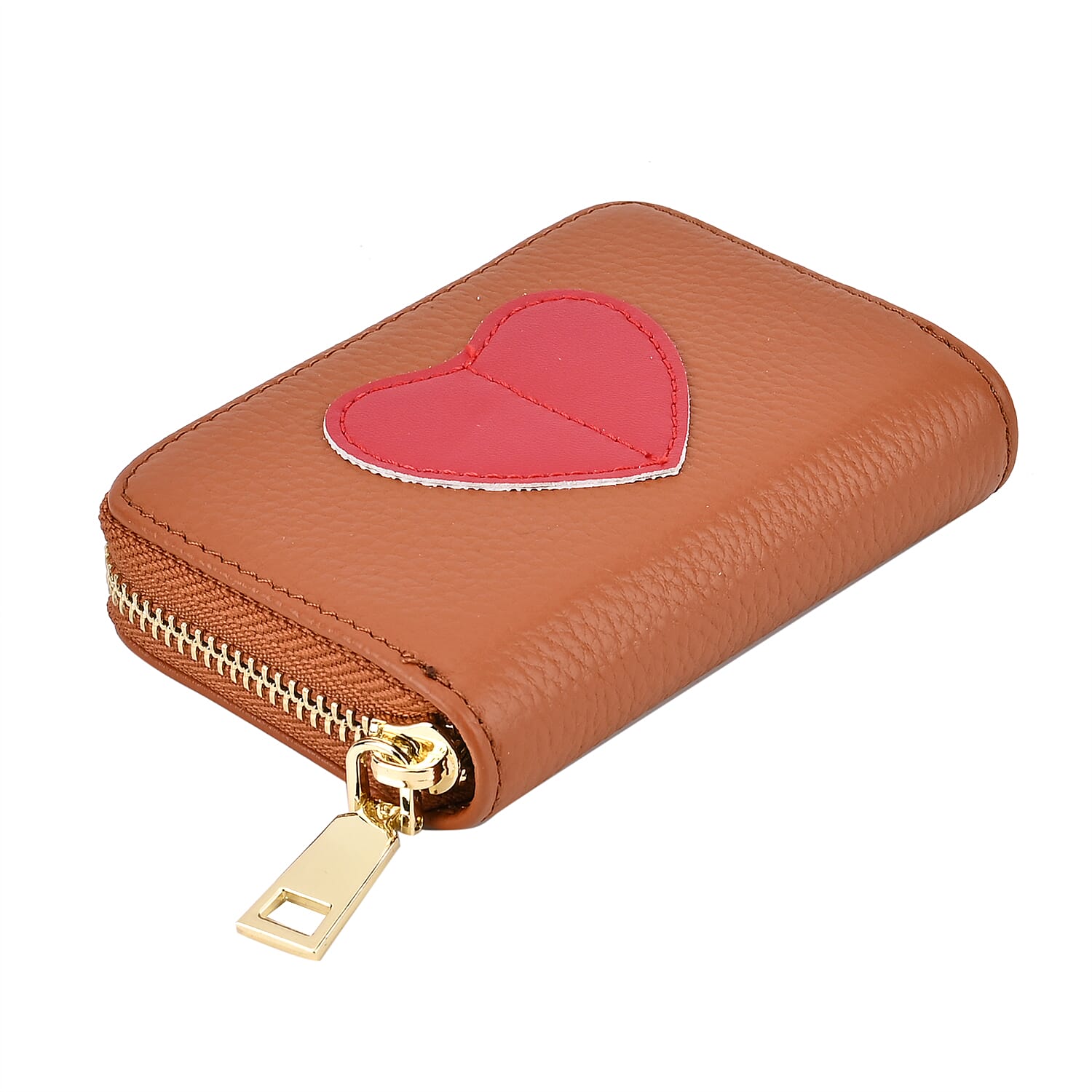 100% Genuine Leather Heart Print Card Wallet With RFID Protection - Tan
