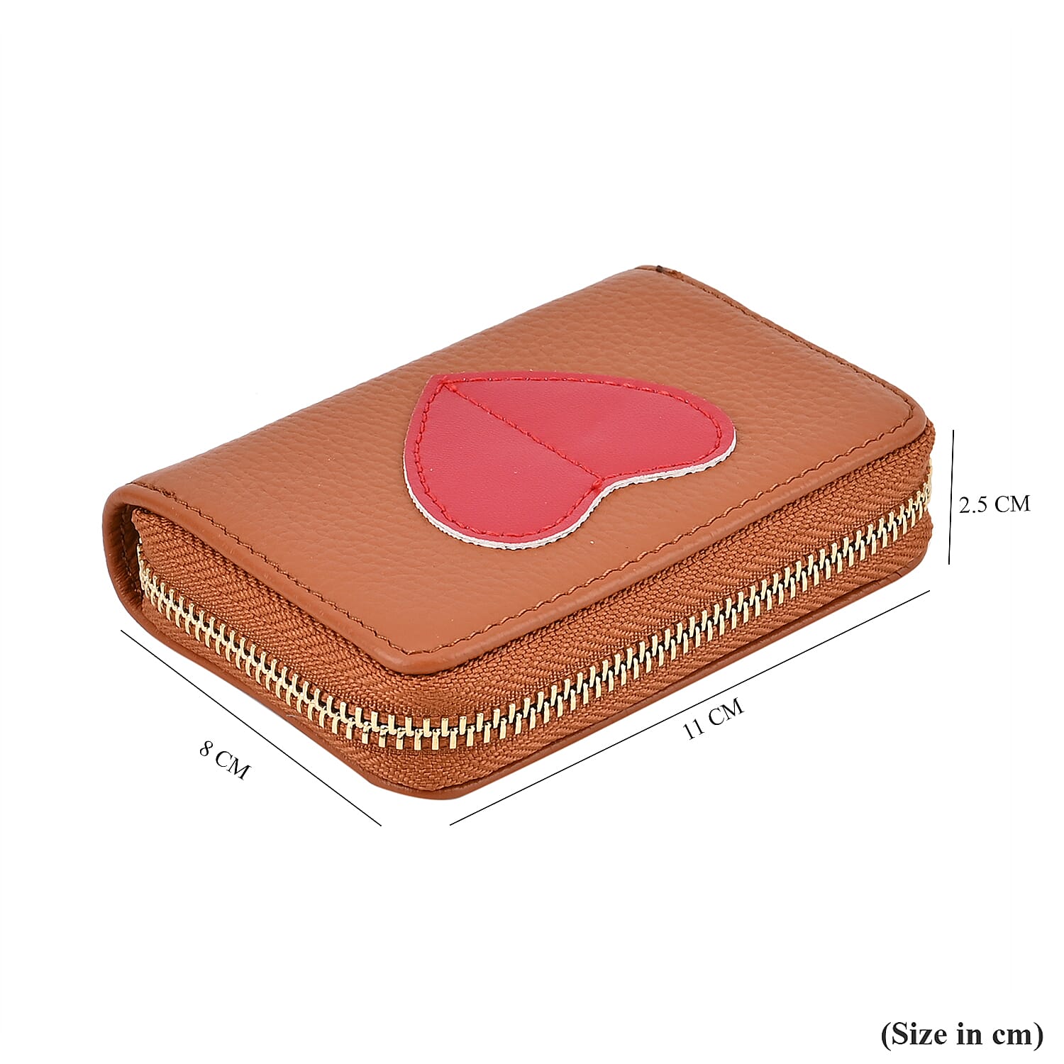 100% Genuine Leather Heart Print Card Wallet With RFID Protection - Tan