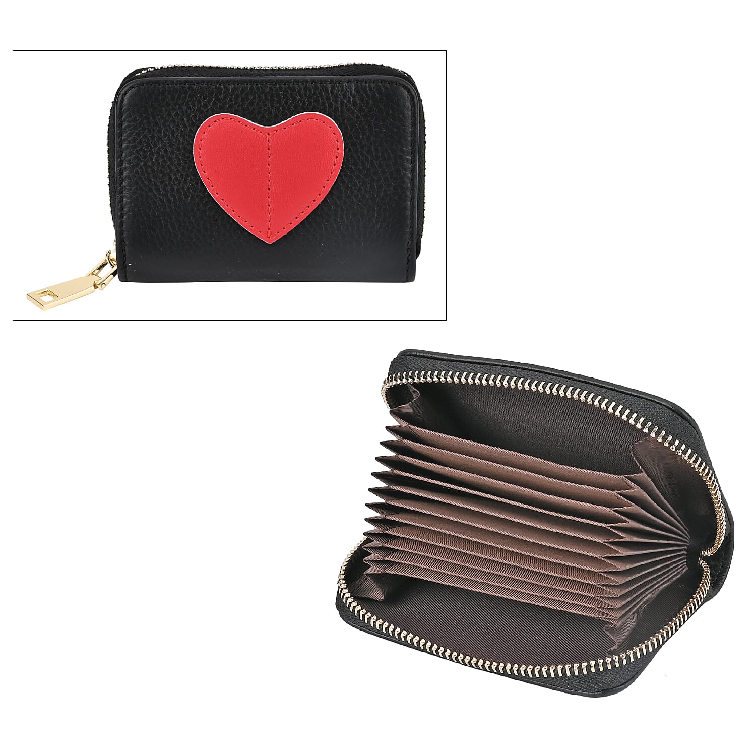 100% Genuine Leather Heart Print Card Wallet With RFID Protection - Black
