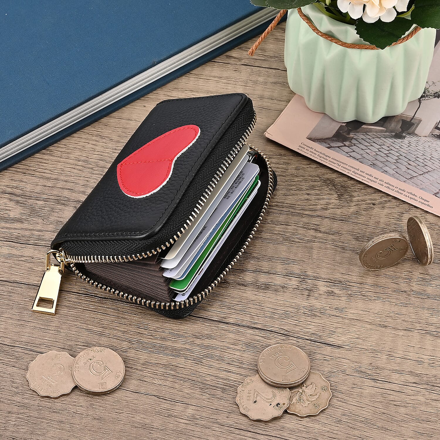 100% Genuine Leather Heart Print Card Wallet With RFID Protection - Black