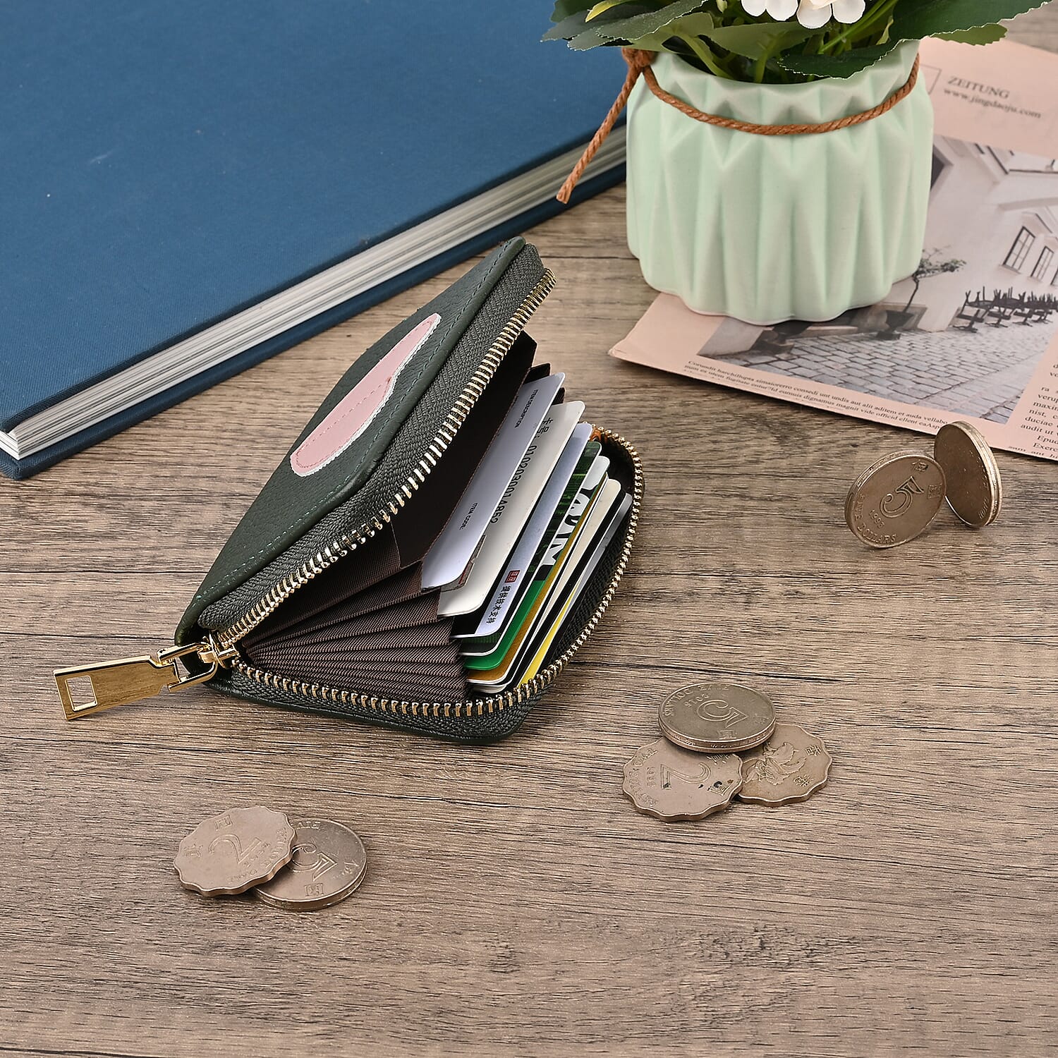 100% Genuine Leather Heart Print Card Wallet With RFID Protection - Green