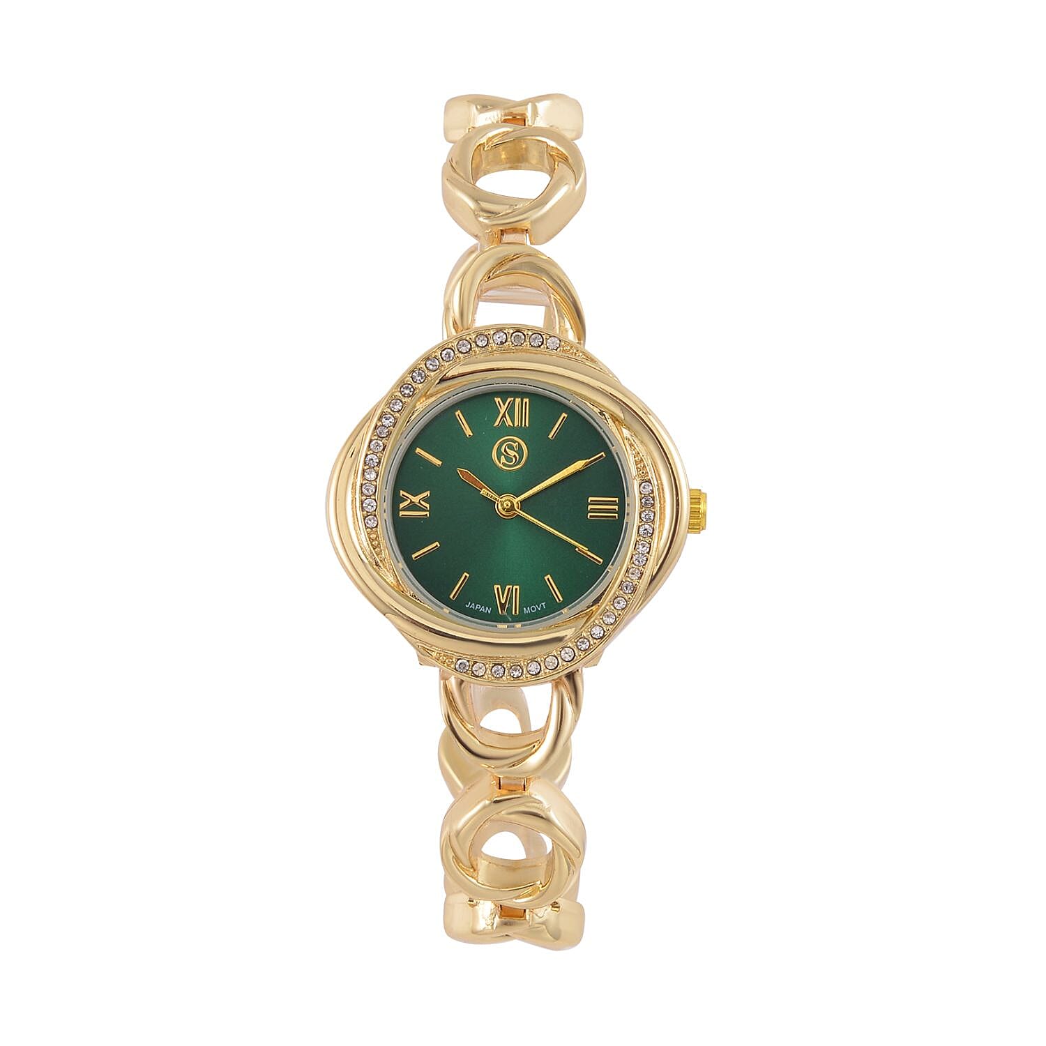 STRADA Japanese Movement Crystal Studded Green Dial Water Resistant Watch in Gold Tone