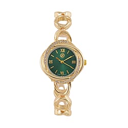 STRADA Japanese Movement Crystal Studded Green Dial Water Resistant Watch in Gold Tone