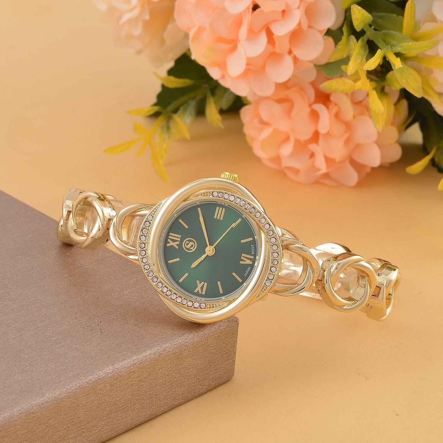 STRADA Japanese Movement Crystal Studded Green Dial Water Resistant Watch in Gold Tone