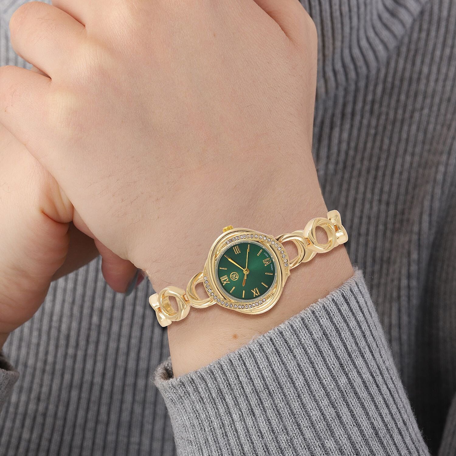 STRADA Japanese Movement Crystal Studded Green Dial Water Resistant Watch in Gold Tone