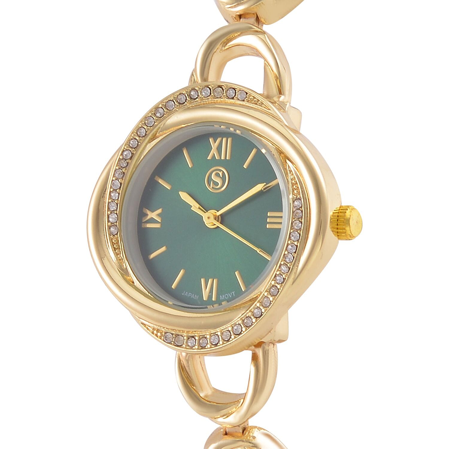 STRADA Japanese Movement Crystal Studded Green Dial Water Resistant Watch in Gold Tone