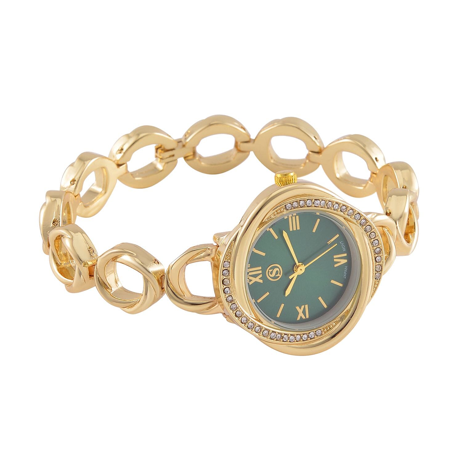 STRADA Japanese Movement Crystal Studded Green Dial Water Resistant Watch in Gold Tone