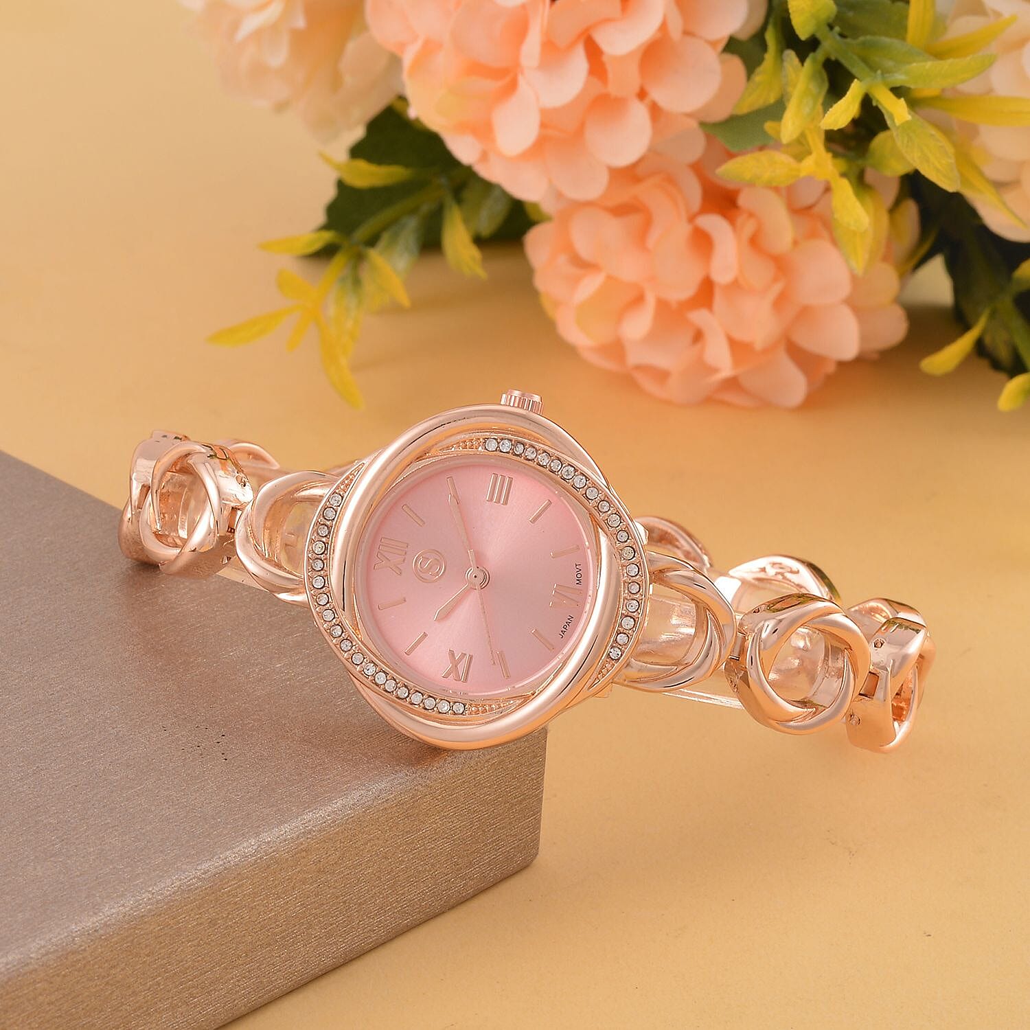 STRADA Japanese Movement Crystal Studded Pink Dial Water Resistant Watch in Rose Gold Tone
